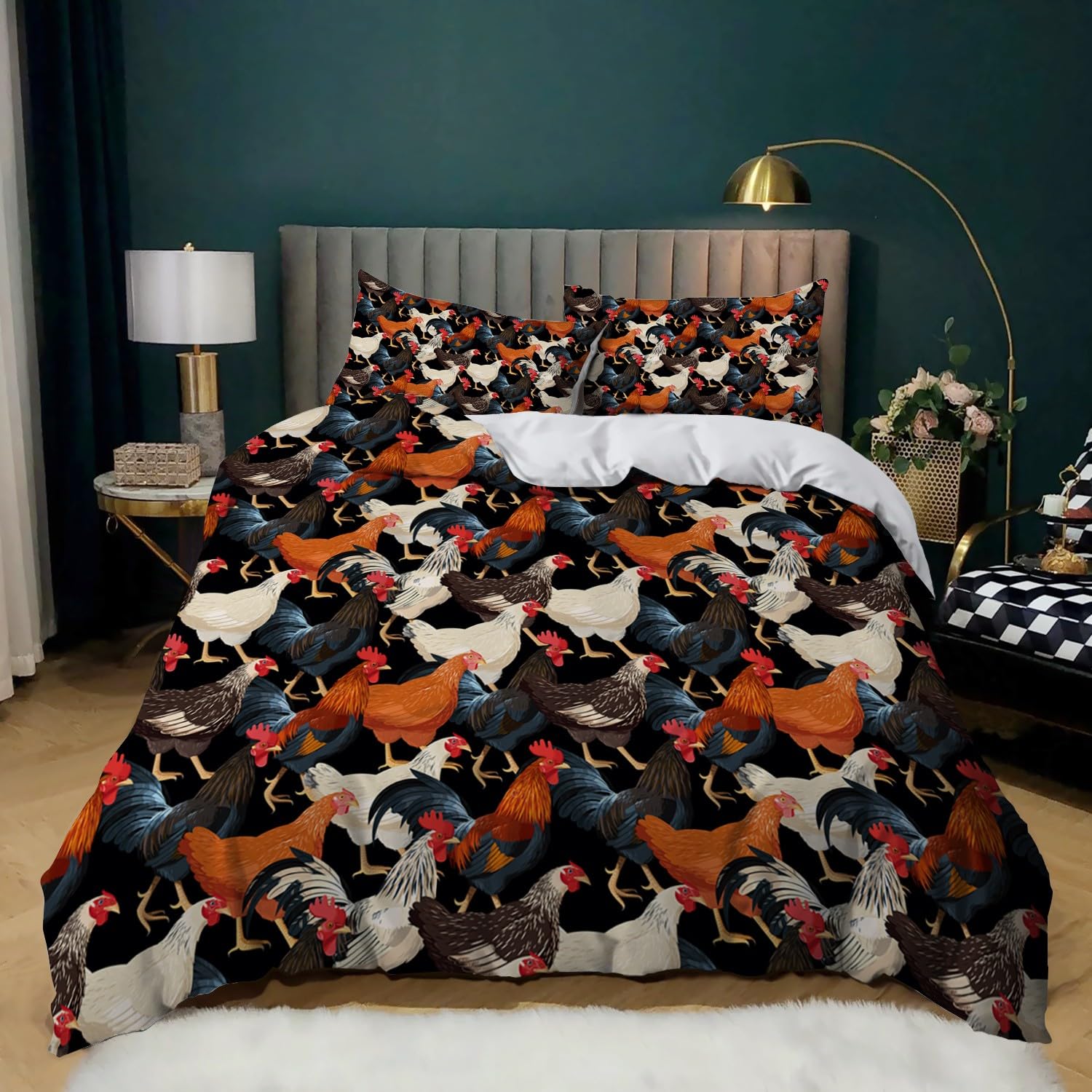 Housse de couette 240x260 cm motif poulet pour lit 2 personnes en microfibre