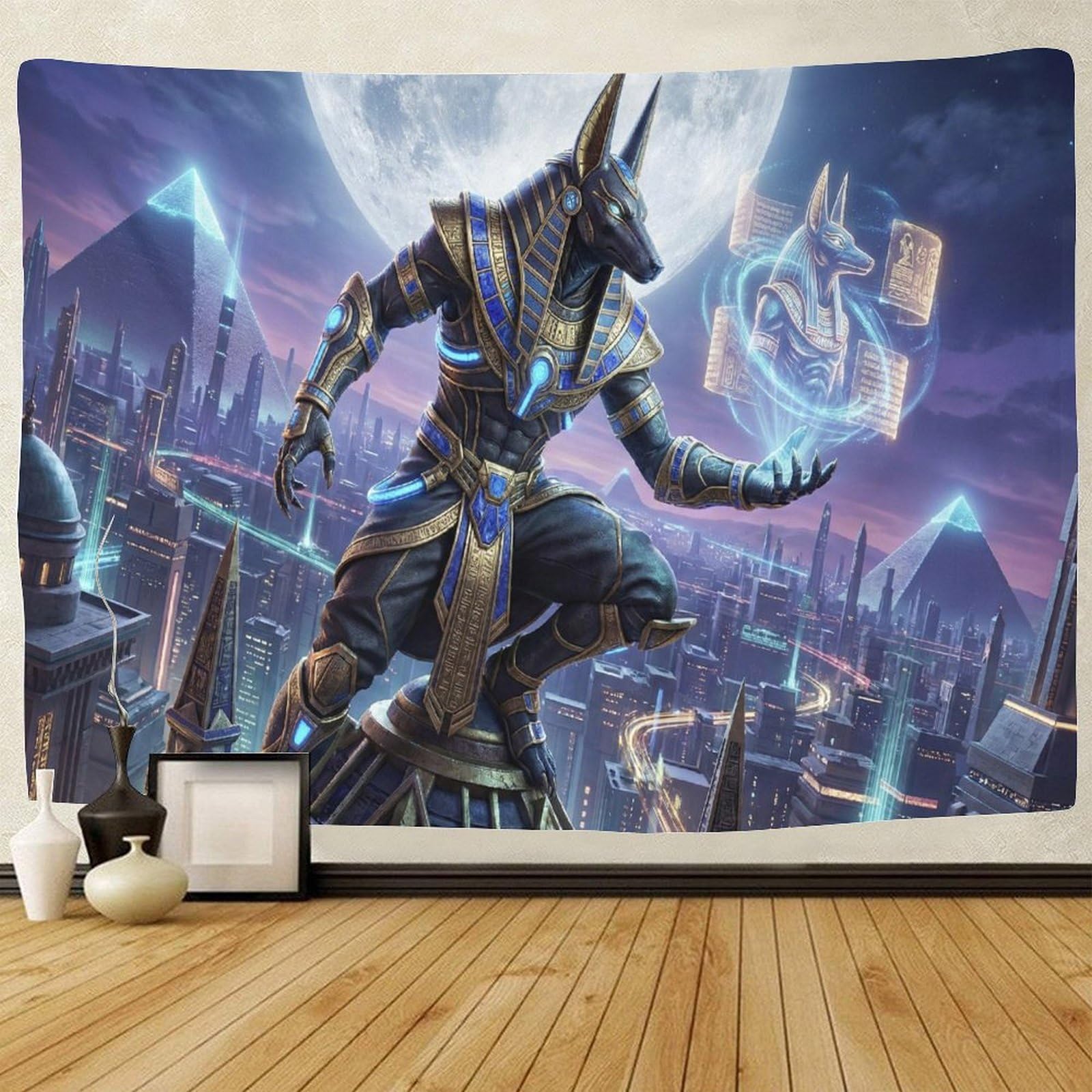 GPMNBCXZK Egyptian Anubis 3D Printed Wall Art Bedroom Futuristic City Tapestry Home Decor 70cmx100cm