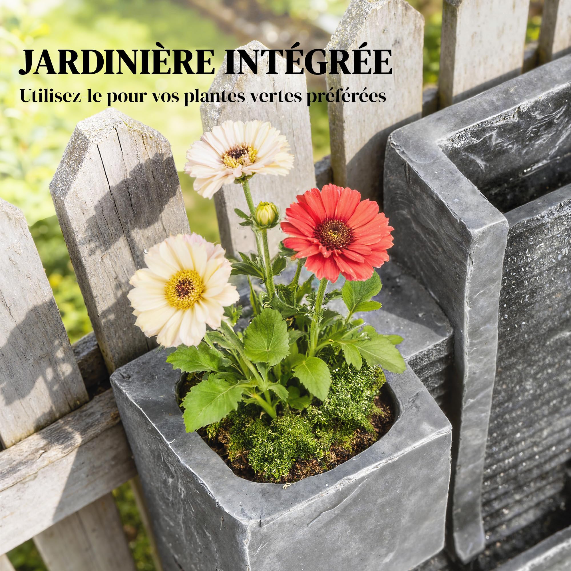 Outsunny Fontaine de Jardin extérieure Cascade 3 Niveaux - Fontaine Eau avec jardinière et Mur d'eau Moderne - 101 cm Grande décoration terrasse Zen Lumineuse 24 LED Gris