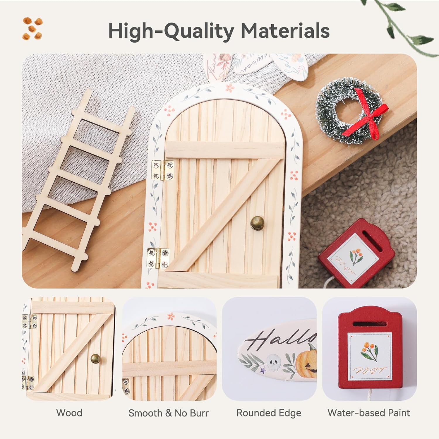 Mamimami Home Festival Wooden Little Magical Fairy Door, Elf Miniature Tiny Door with Ladder and Wreath, Tooth Fairy Door Handmade Christmas Decorations image 4