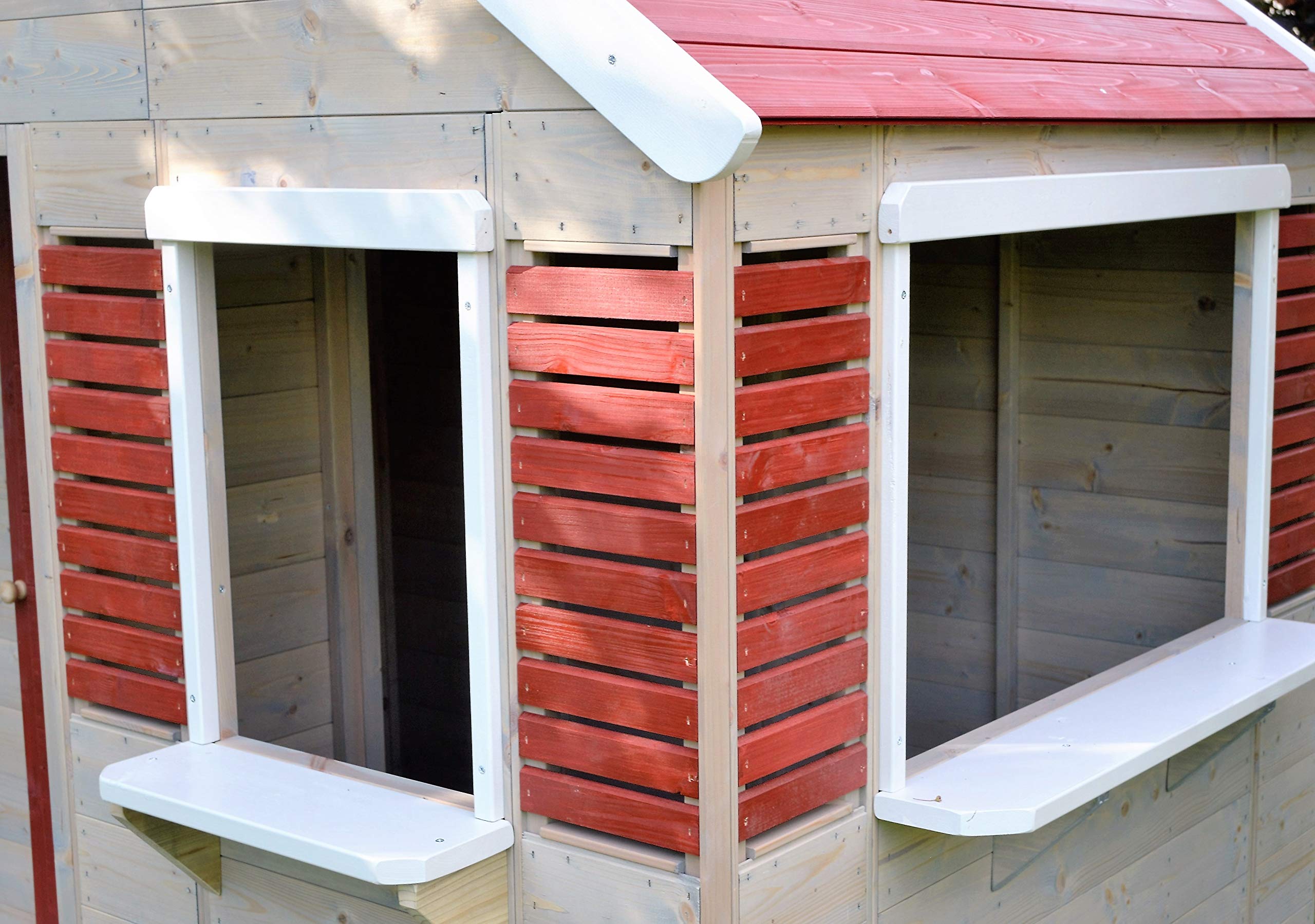 casa de Juegos de Madera para niños jardín 120×155×168 cm con Puerta, Ventana, persianas, terraza y estantería Interior, Color Rojo – M12R