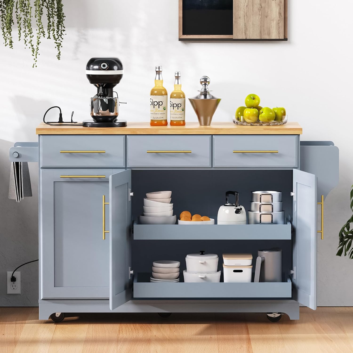 59.3" Rolling Kitchen Island Cart with Storage 2 Pull Out Cabinet Organizers & Rubber Wood Drop Leaf, Trash Can Storage, Power Outlet, Spice, Towel Rack for Kitchen, Dining Room, Grey Blue