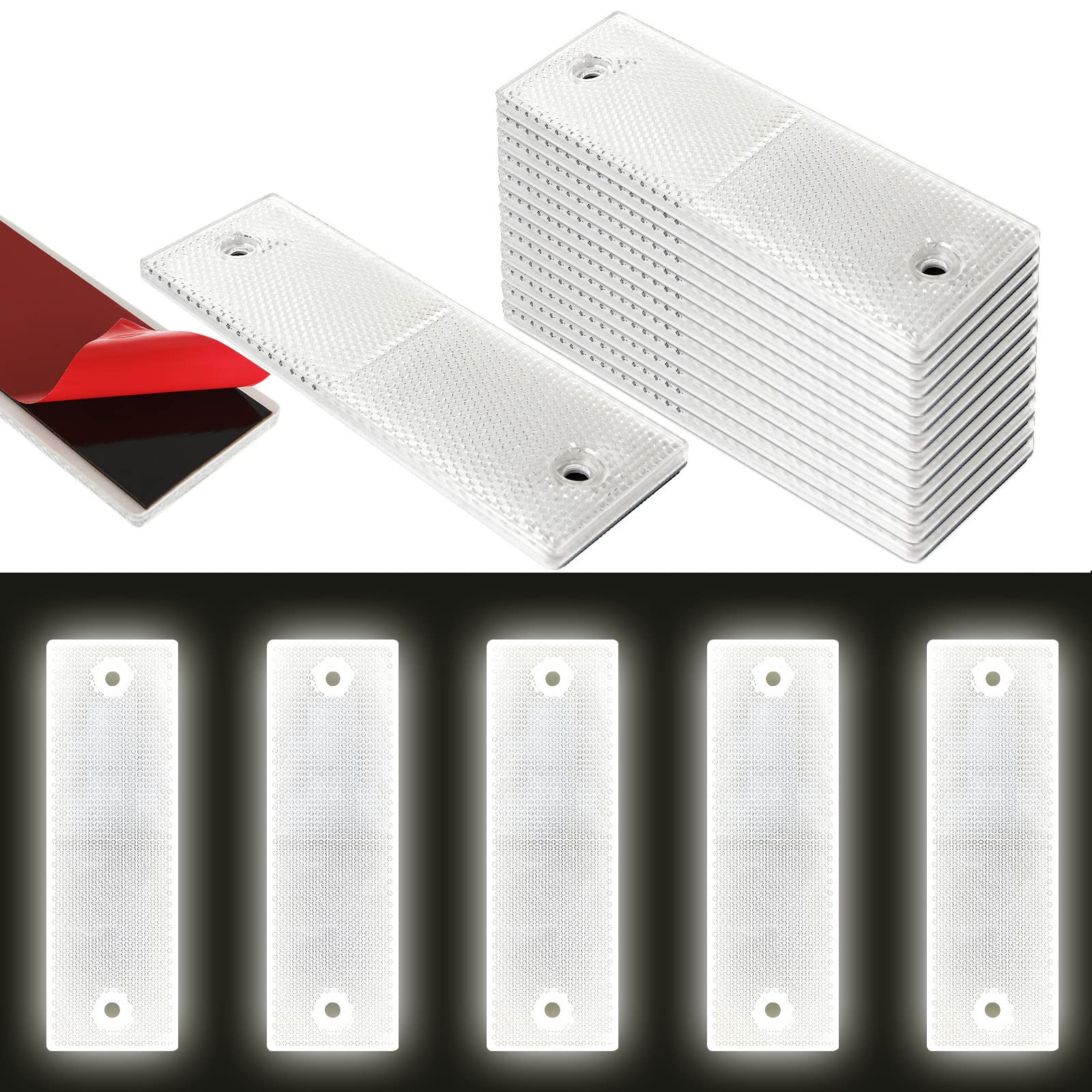 Photo 1 of STARVAST 30pcs White Plastic Rectangular Reflective Stick, Waterproof Self-Adhesive Safety Warning Reflective Belt for Road Signs, Trucks, RVs, Trailer, Pickup Bike Motorcycle