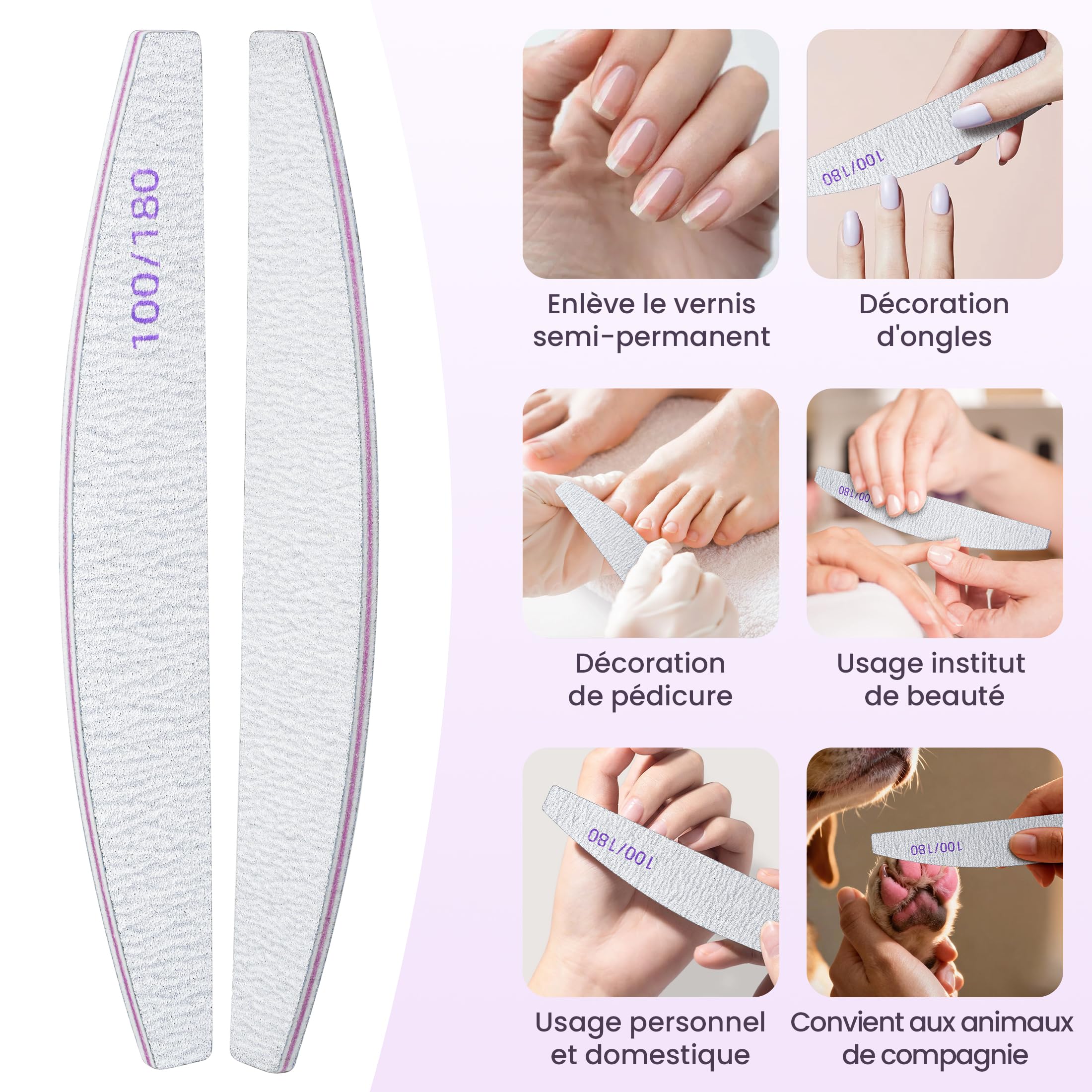 Lot de 20 Limes a Ongles 100 180 Grain, Lime à Ongles Double Face pour Ongles en Gel et Acrylique, Kit de Lima Ongle Réutilisables pour Manucures et Pédicures en Gel, Ongles Naturels