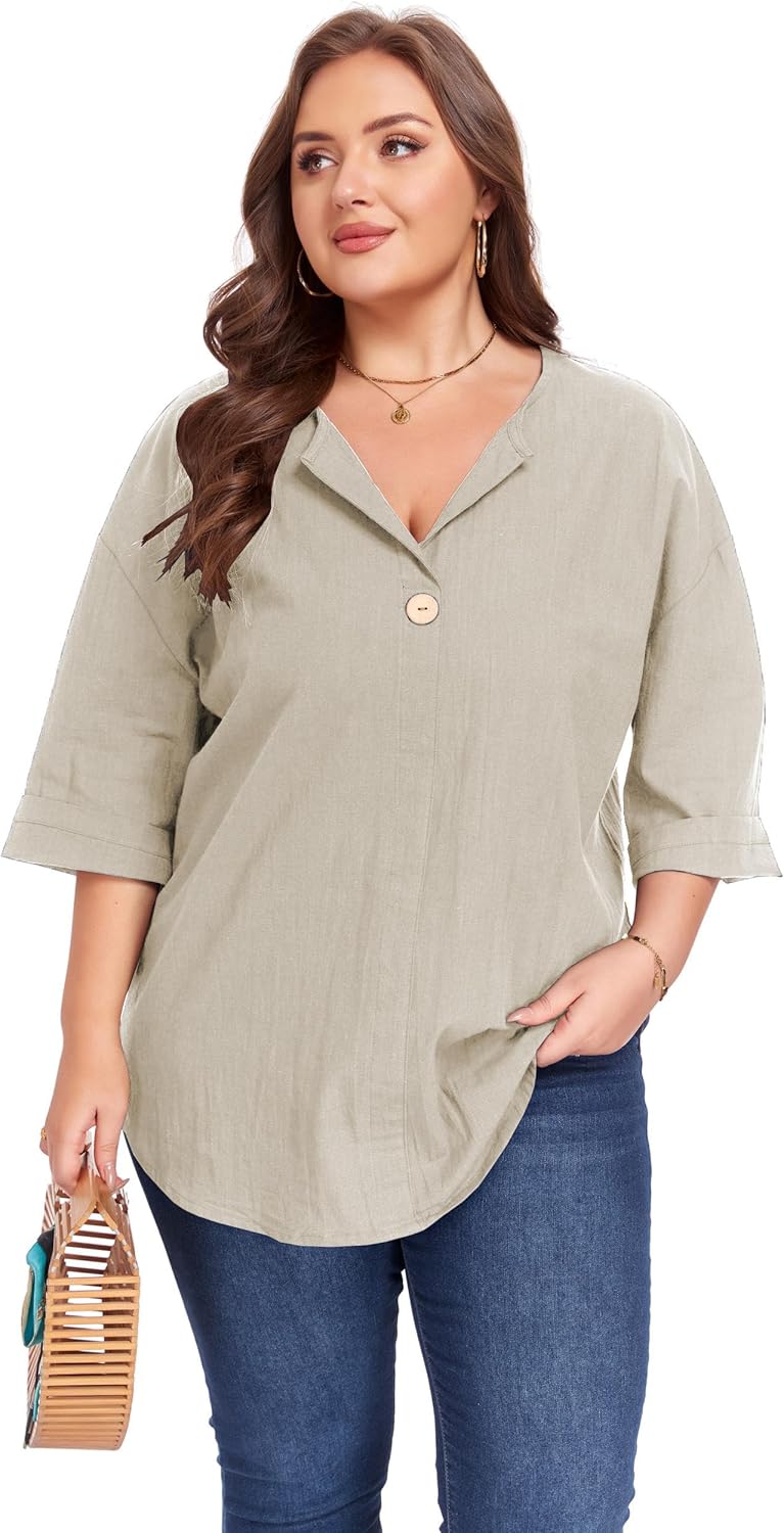 Women's Plus Size 3/4 Sleeve Linen Cotton V Neck Button Shirt Blouse Tunic Tops Loose Fit - Image 5