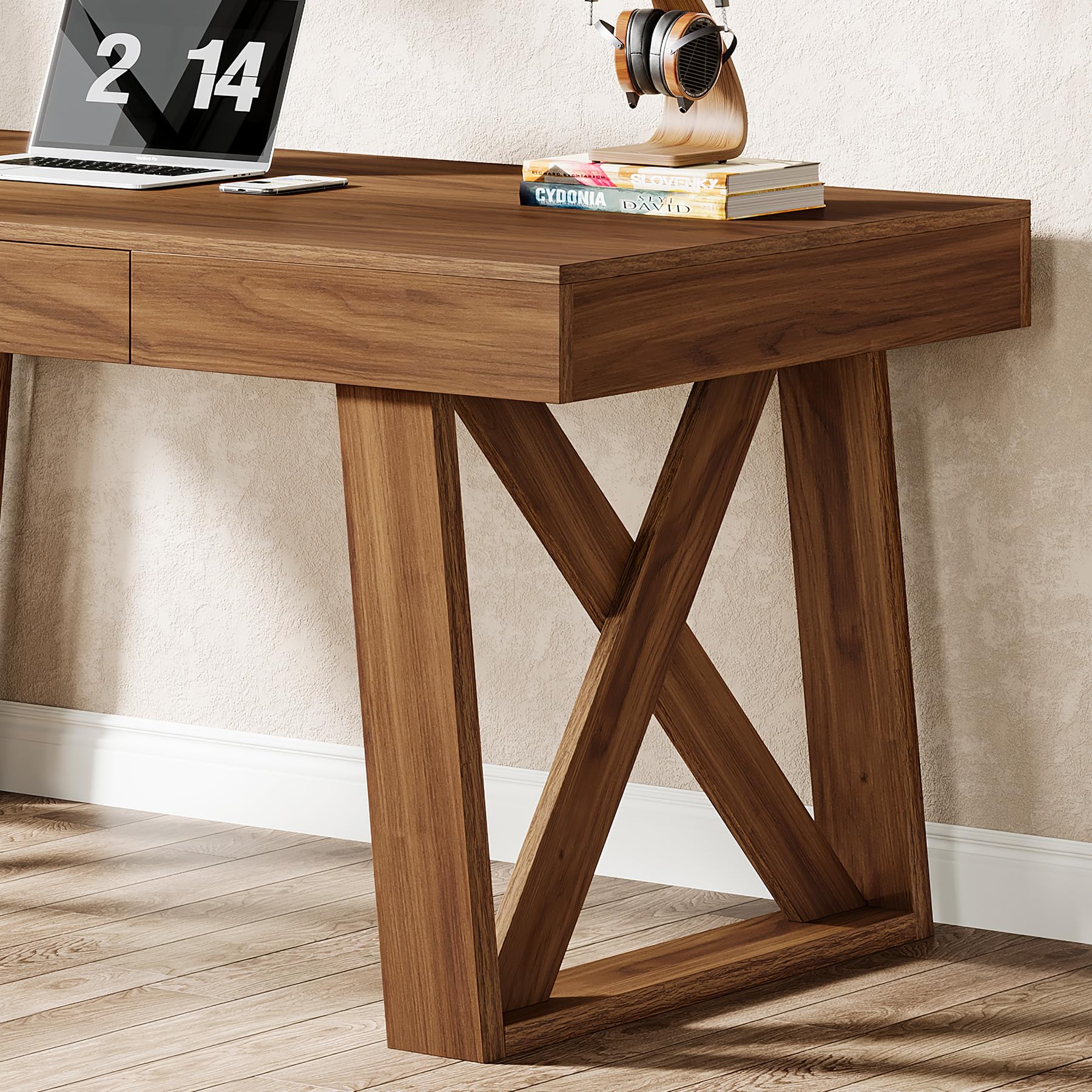 Tribesigns Escritorio de 140 cm con cajón, retro, marrón, para ordenador, oficina en casa, mesa de madera para oficina y juegos, mesa de trabajo de negocios (140 x 70 cm)