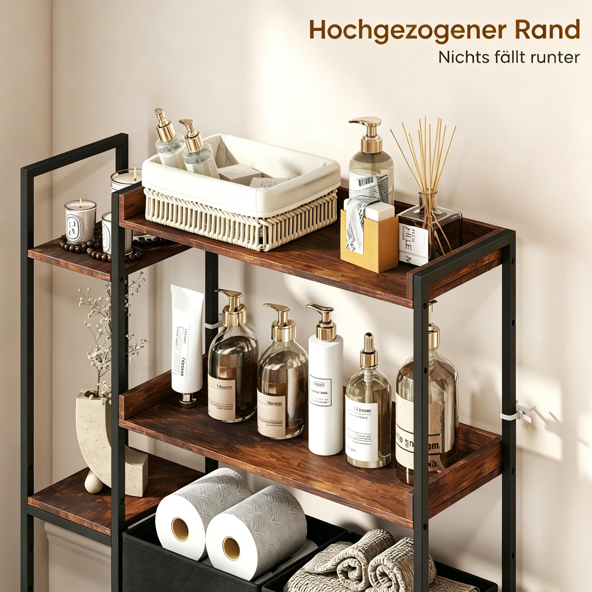 Toilettenregal Einfache Montage für Badezimmer, Braun | Wasserdicht, Platzsparend, mit Körben Haken, Ohne Bohren, Metall & Holzwerkstoff, Vielseitig einsetzbar, Höhenverstellbar