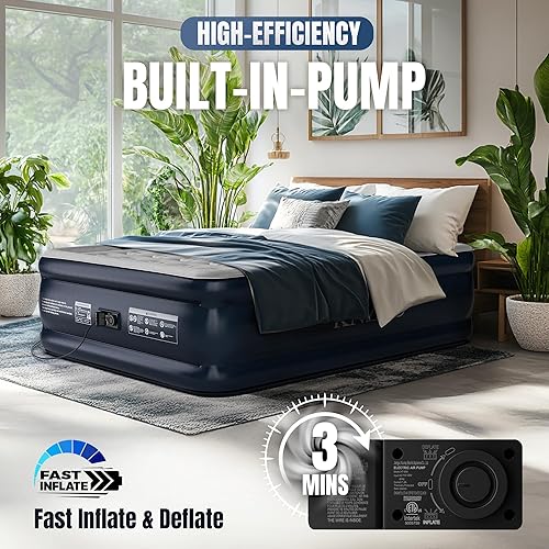 Miniatura 6 de Colchón de aire Queen con bomba incorporada, colchón inflable superior de 18 pulgadas con tela flocada impermeable, cama inflable rápida de tres