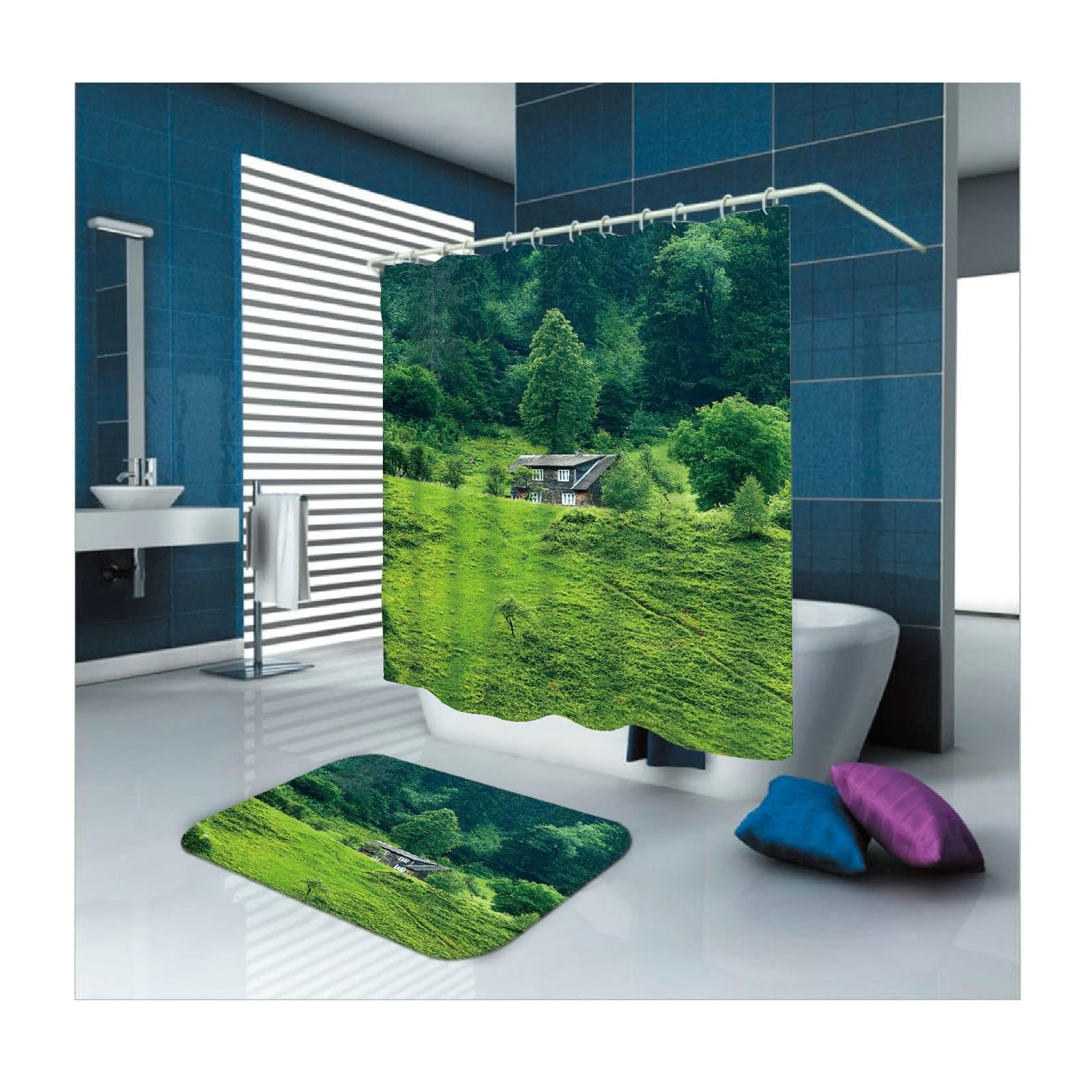 Cortina de ducha de 180 x 200 cm, verde, diseño de cabaña de bosque, cortina de baño antimoho, poliéster, resistente al agua, lavable, para bañera, 1,8 x 2 m de largo (ancho x alto)