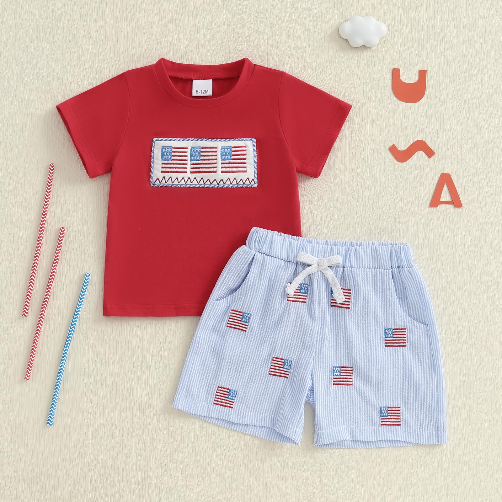4th Fourth Of July Toddler Baby Boy Outfit American Flag T-Shirt And Plaid Shorts Smocked Outfits Two Piece (Amerian Flag Red, 18-24 Months)