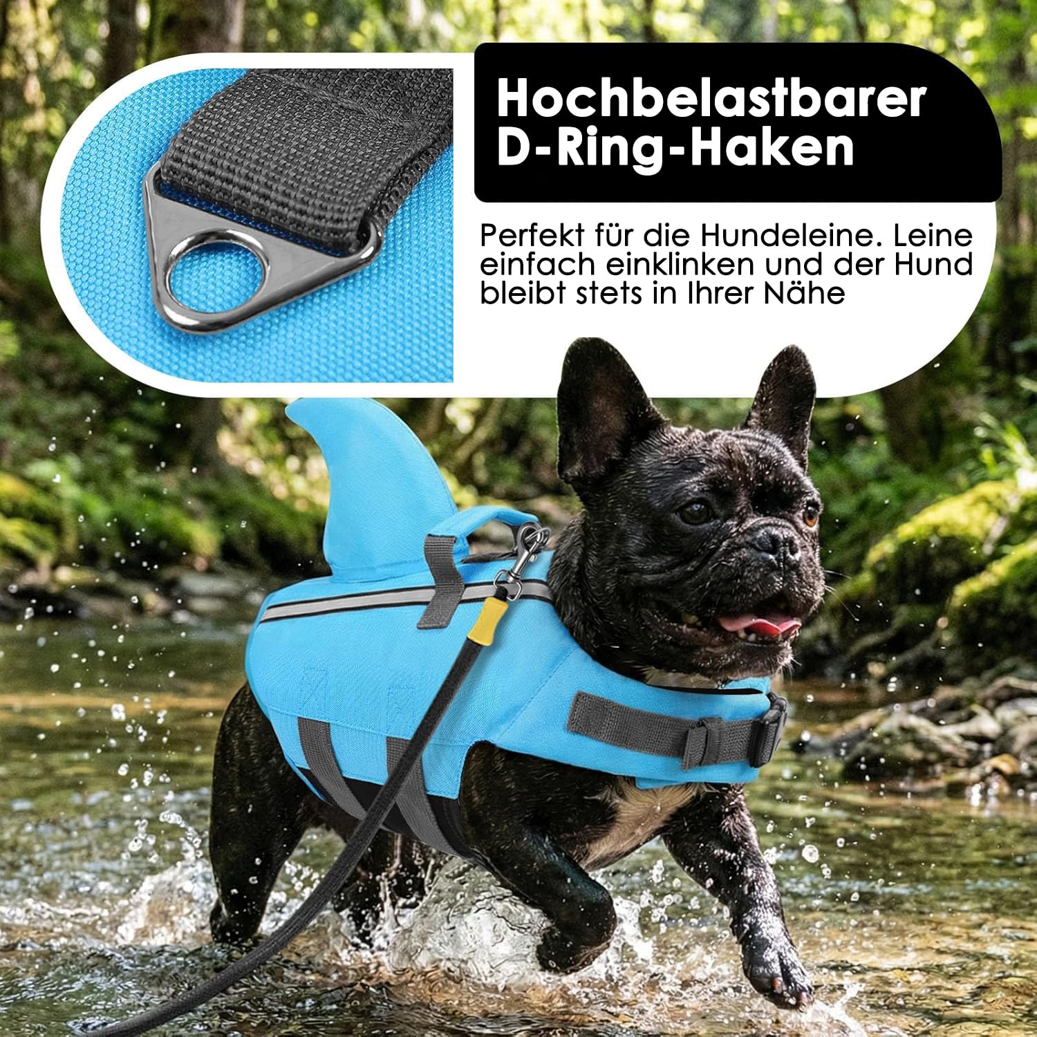 AOFITEE Hundeschwimmweste Hai Klein, Verstellbar Schwimmweste Hund Haiflosse mit Rettungsgriff, Reflektierende Hunde Schwimmweste Hohe Flotation Schwimmweste Rettungsweste für Kleine Hunde, Blau, S
