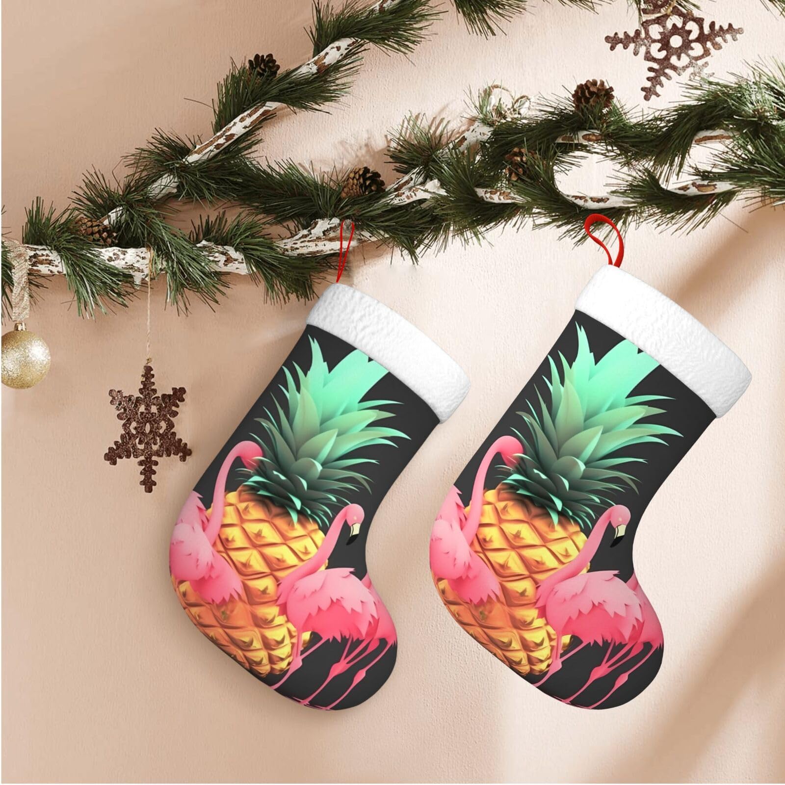 Pineapple Flamingos Christmas Stockings Velvet Xmas Fireplace Hanging Stocking with Plush Cuff Rustic Christmas Santa Stockings for Home Christmas Decorations Party Favor Supplies
