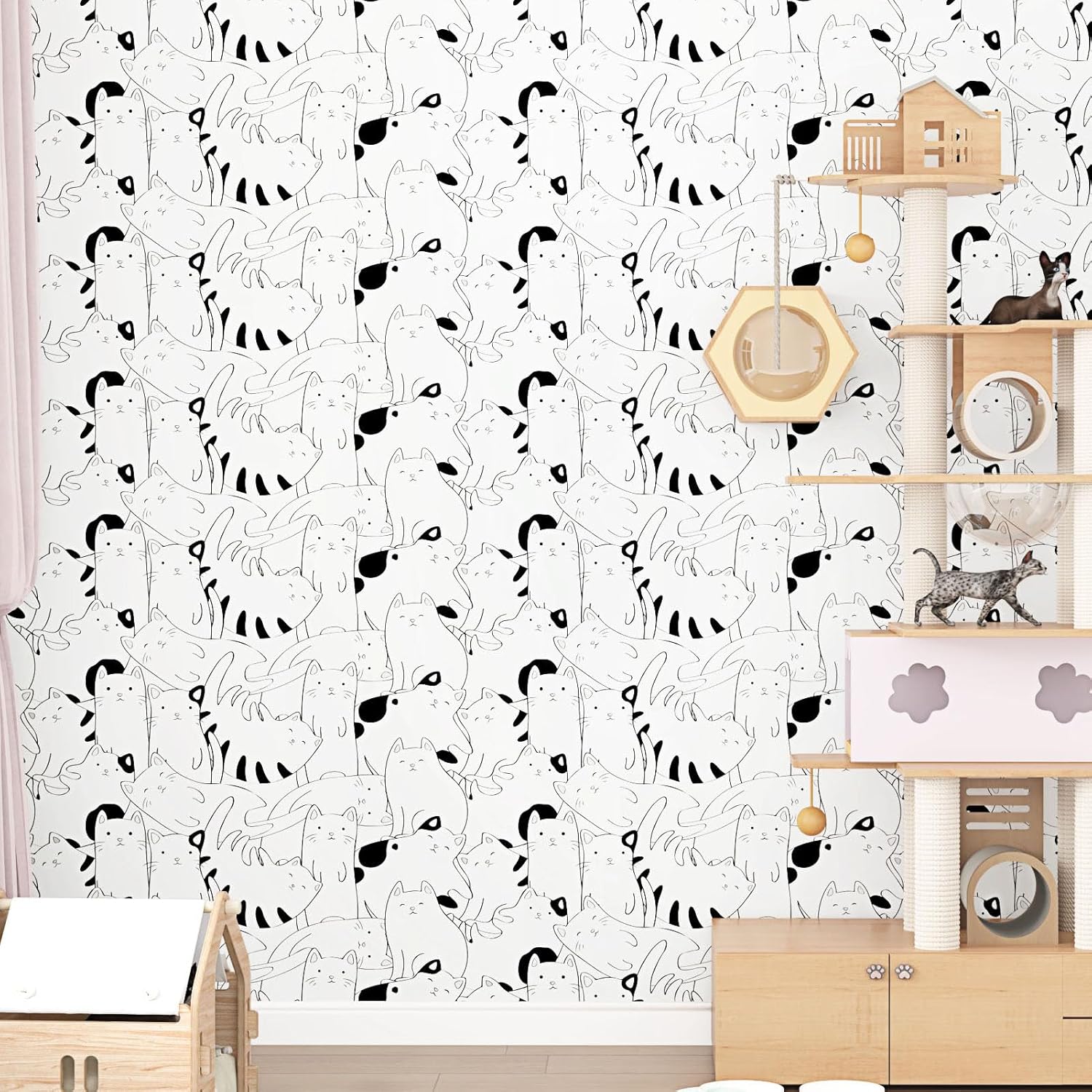 White/Black Cat Wallpaper Peel and Stick Animal Nursery Wallpaper Fun Cute Kitten Self Adhesive Removable Contact Paper for Kids Room Bedroom Walls Cabinets Decorative Paper 17.5"x102"
