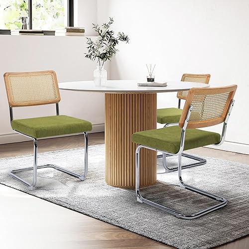 Miniatura 3 de Juego de 4 sillas de comedor, sillas de cocina modernas de ratán, diseño moderno de mediados de siglo, marco de cromo pulido, asiento tapizado,