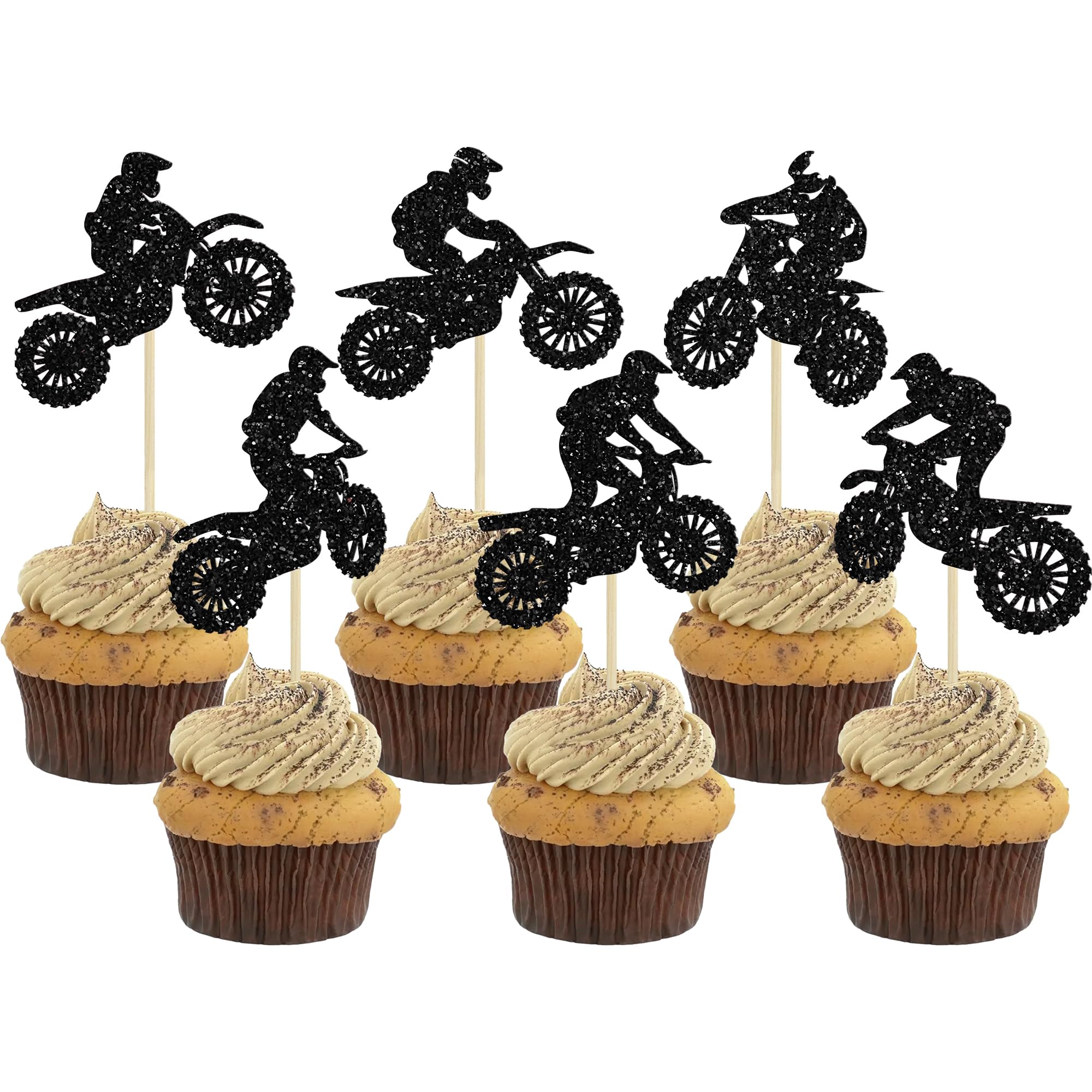 Gyufise 24Pcs Motorcycle Cupcake Toppers Glitter Motocross Dirt Bike Party Cupcake Picks for Sports Theme Man Boy Birthday Party Cake Decorations Supplies Black