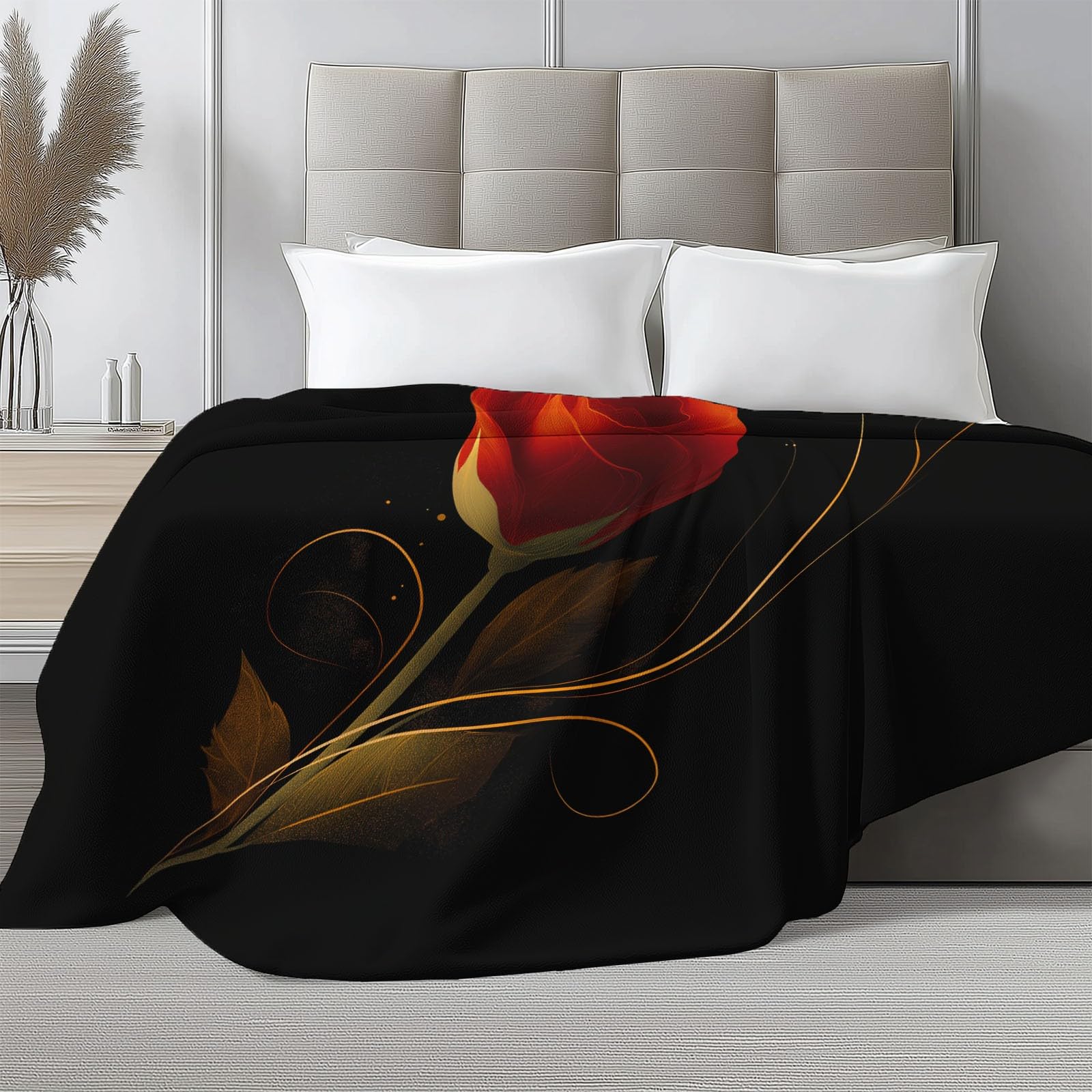 Genérico Manta con Estampado Exquisito Flores Rosa Roja, Manta Negro de Franela para Sofá Cama Extra Cálido Sobrecama 220 x 240 cm — Caliente Transpirable para Otoño e Invierno