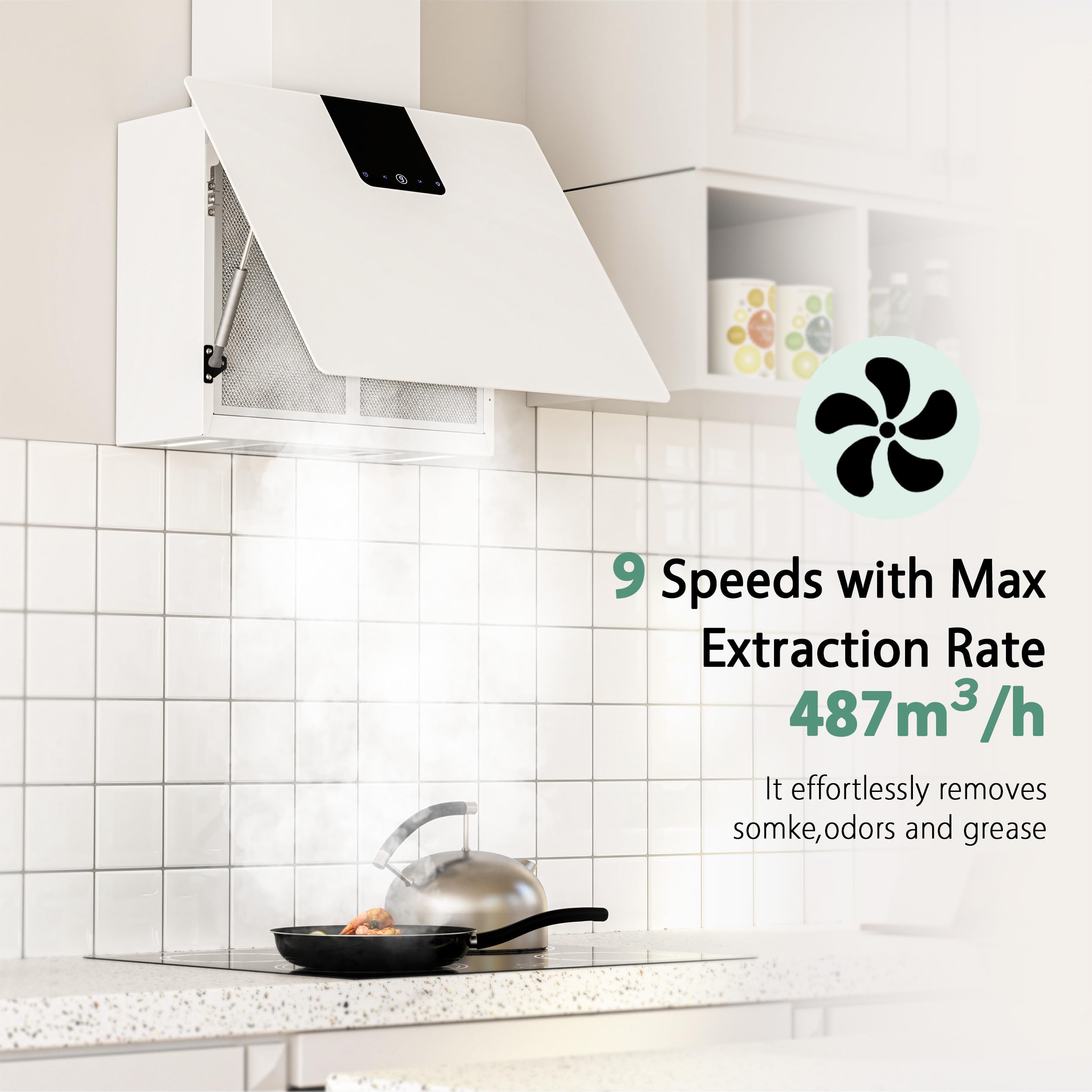 FIREGAS Hotte aspirante 60cm avec Filtre CC170, Moteur Brushless, Économie d'énergie, 9 Vitesses, 487 m³/h, Mode Évacuation ou Recirculation, En Acier Inoxydable Et Verre Trempé