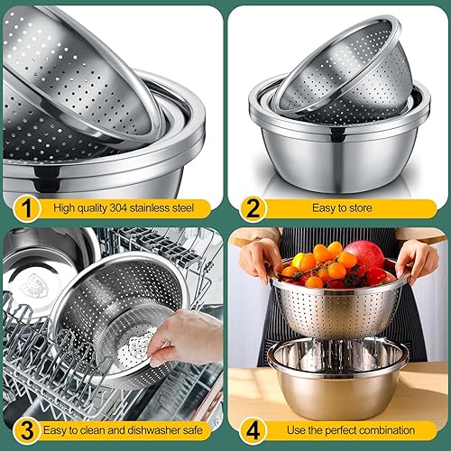 Miniatura 5 de Tioncy 4 coladores microporosos de acero inoxidable 304 con tazón de mezcla de 2 cuartos y 4 cuartos de galón de capacidad, colador de arroz para