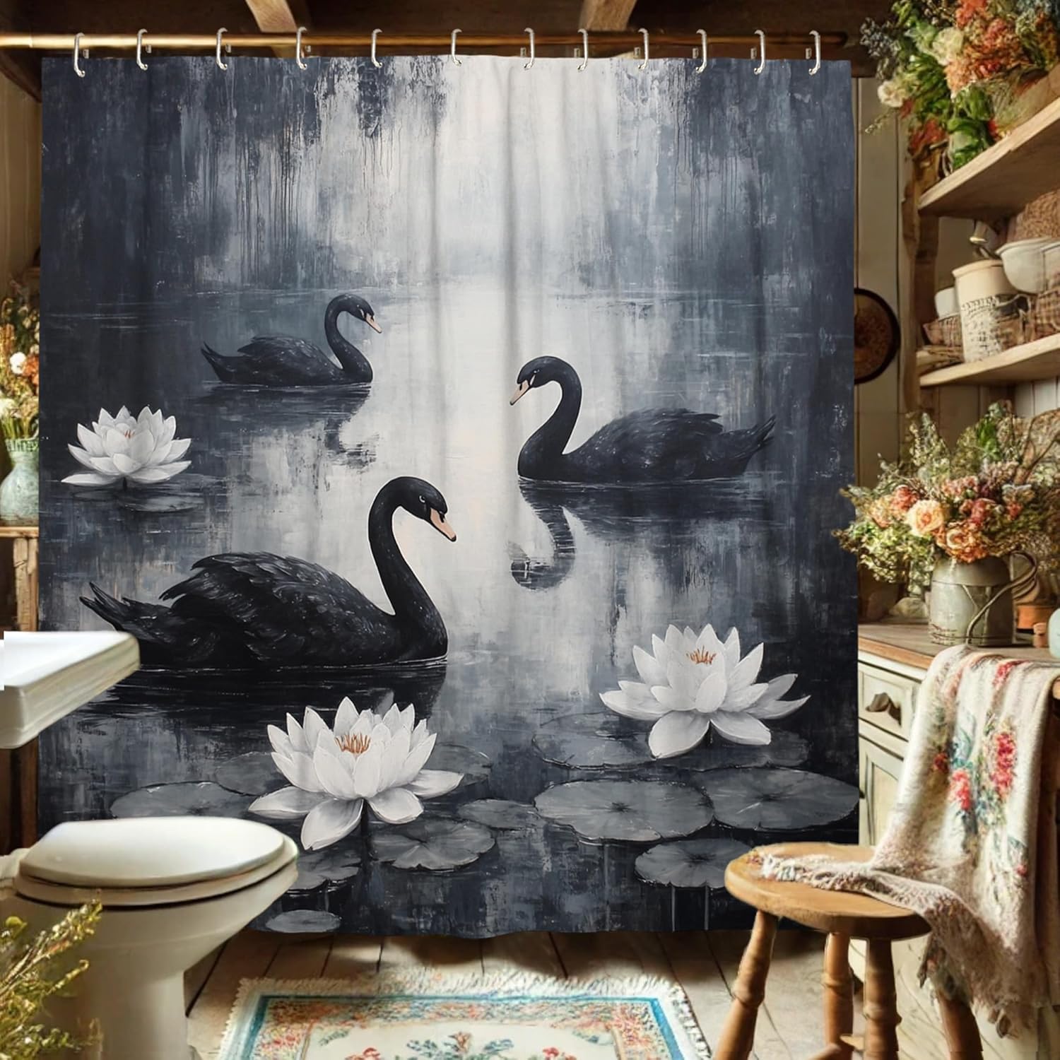 Elegant Black Swan Shower Curtain, Artistic Monochrome Bathroom Decor for All Seasons, Modern Luxurious Waterproof Fabric Shower Curtain Set with Hooks 72x72 Inch