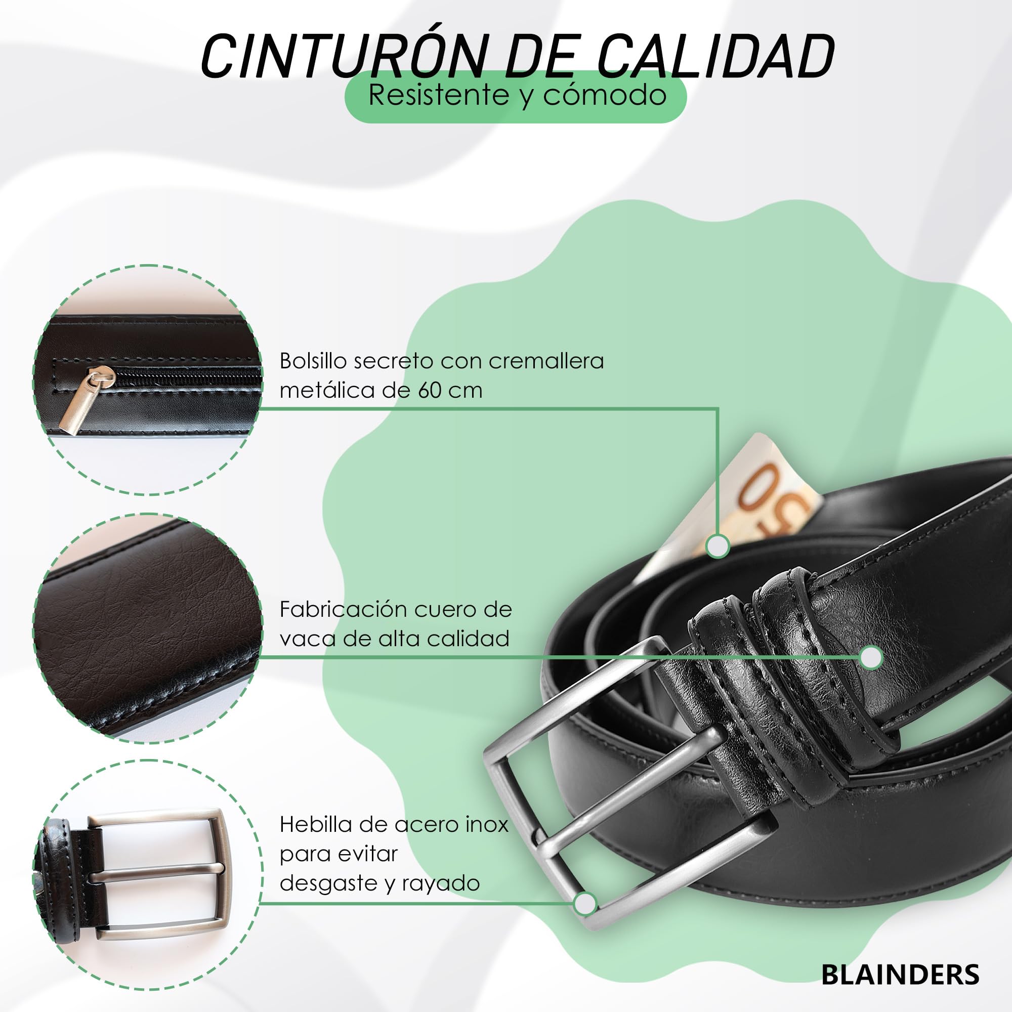Cinturón Antirrobo de Viaje, Cinturón de Cuero con Billetera Interior para Hombre y Mujer, Apto para Todas Las Cinturas, Mosquetón de Cuero Gratis de Regalo. (Negro)