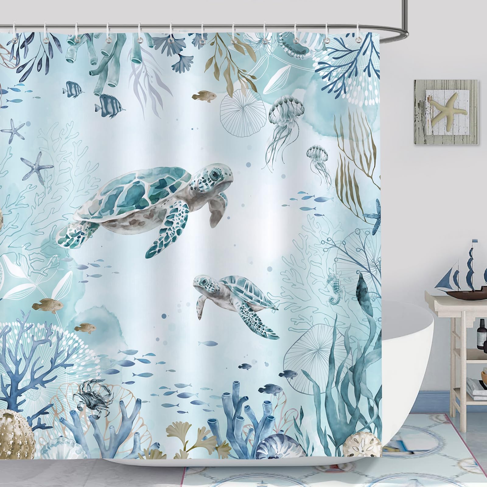 Uiyiui Multicolor-2 Sea Turtle Shower Curtain For Bathroom 72X72in/182X182cm/Wxh Nautical Coastal Ocean Beach Theme Curtain, Teal Blue Starfish Fish Waterproof Fabric Bathroom Decor Curtains With Hooks