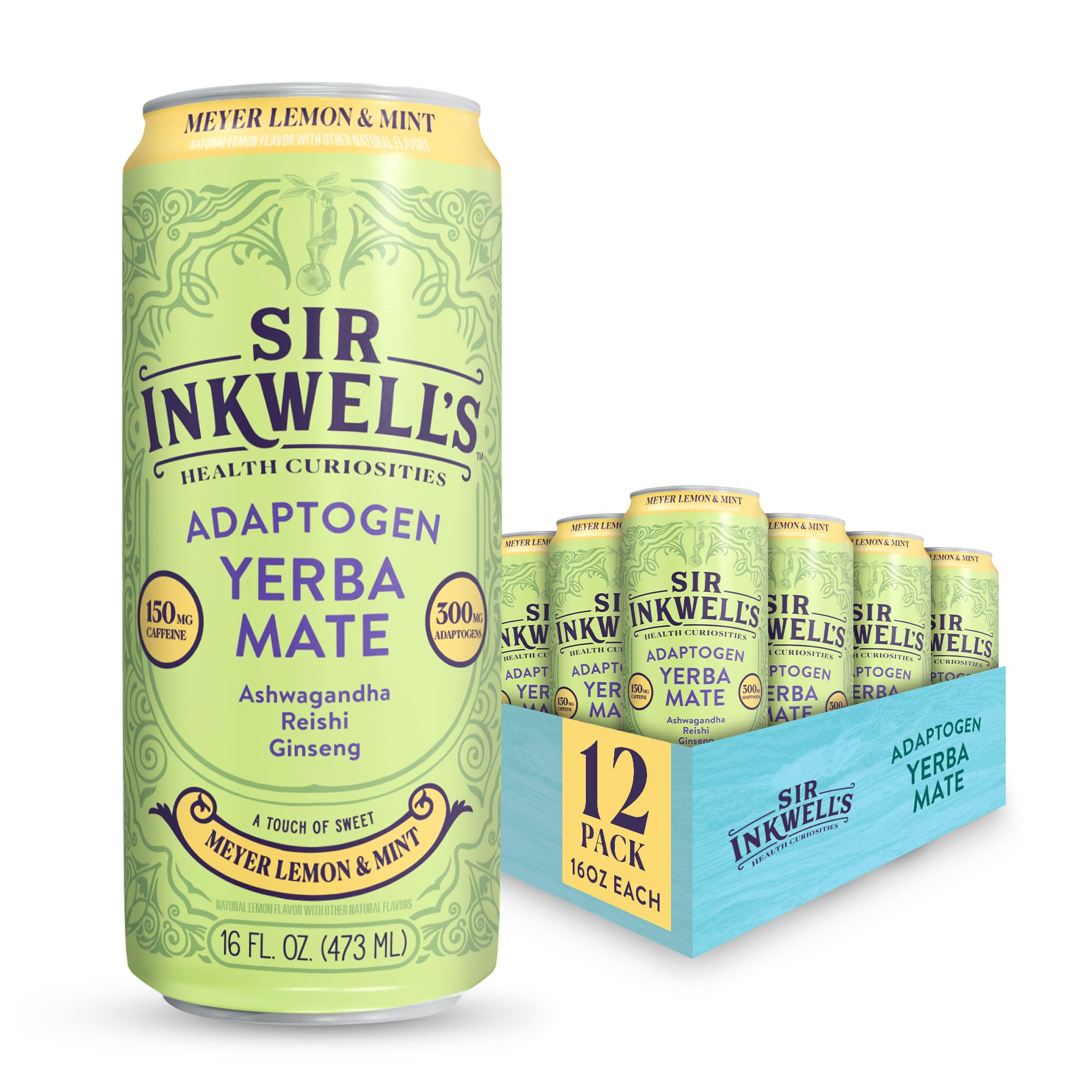 - SIR INKWELL'S Adaptogen Yerba Mate Tea | Healthful Energy + Productivity 150 mg Organic Caffeine | 300mg Ashwagandha Reishi Ginseng | Non-GMO Certified | Meyer Lemon & Mint 16oz 12pk