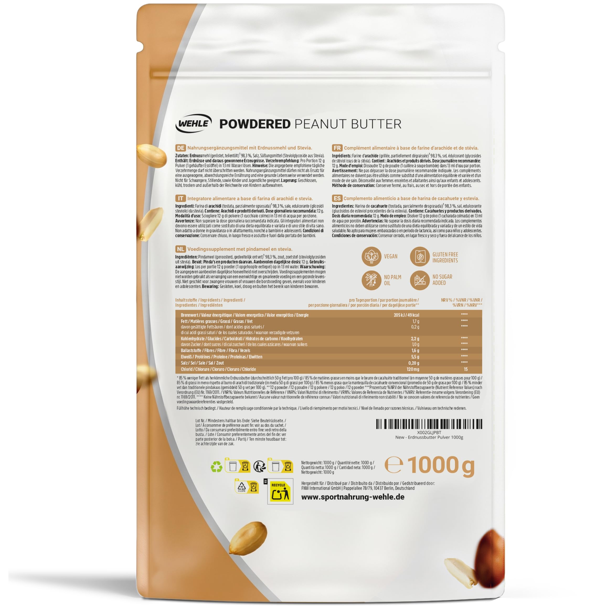 Erdnussbutter light Pulver 1 kg / 1000 g - Powdered Peanut Butter 85% weniger Fett, ohne Zucker I Peanut Creme mit leckerem Geschmack, Wehle Sports - Verpackung kann variieren