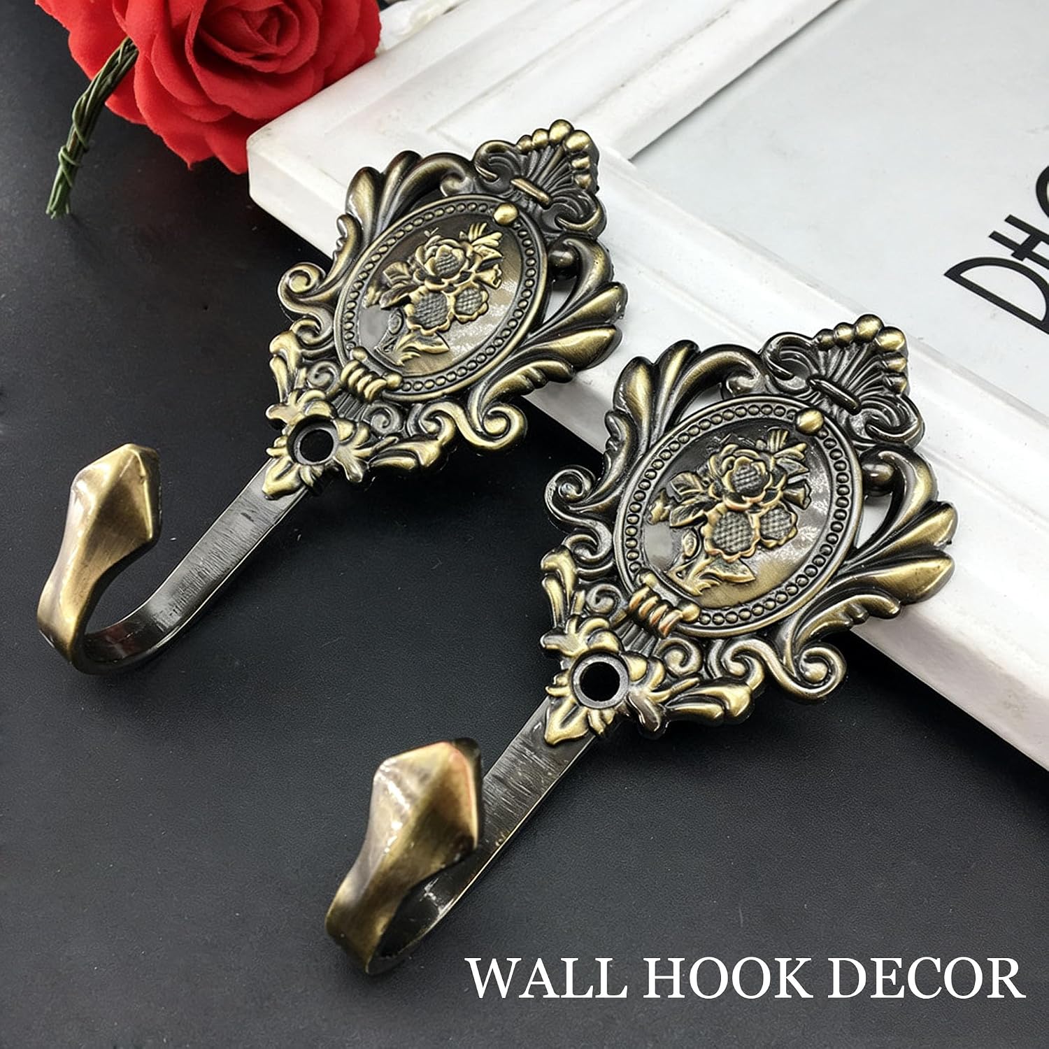 2Pcs Curtain Tiebacks Hook Vintage Bronze Rose Pattern Carved Wall Hooks Key Hook Clothes Hanger Bathroom Bedroom Multi-Function Decorative Hook with Screws+Expansion Plugs