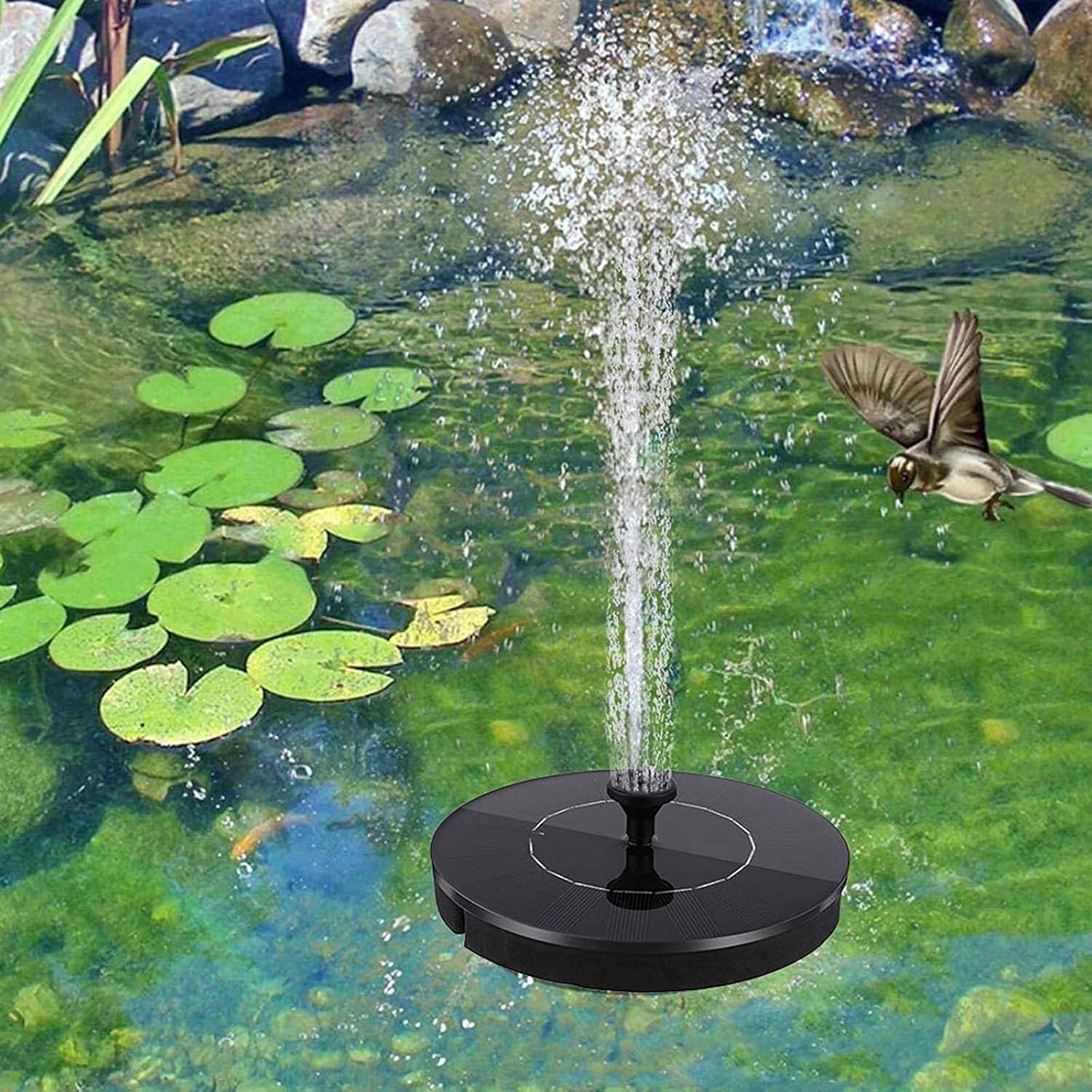 Round Solar Power Bird Bath Fountain 2.4W Solar Fountain Pump Floating Solar Water Fountain Kit with 4 Nozzles And 600mah Battery Backup Solar Fountain for Garden Fish Tank Patio-2.4w 18cm(7inch)