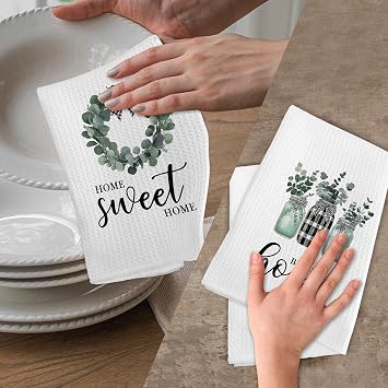 Home Sweet Home Kitchen Towels, Eucalyptus Leaves Hand Towels Set of 2, Cooking Baking Tea Hand Dish Tea Towel for Kitchen Bathroom Decor, Housewarming Gifts for Women, 16x24 Inch