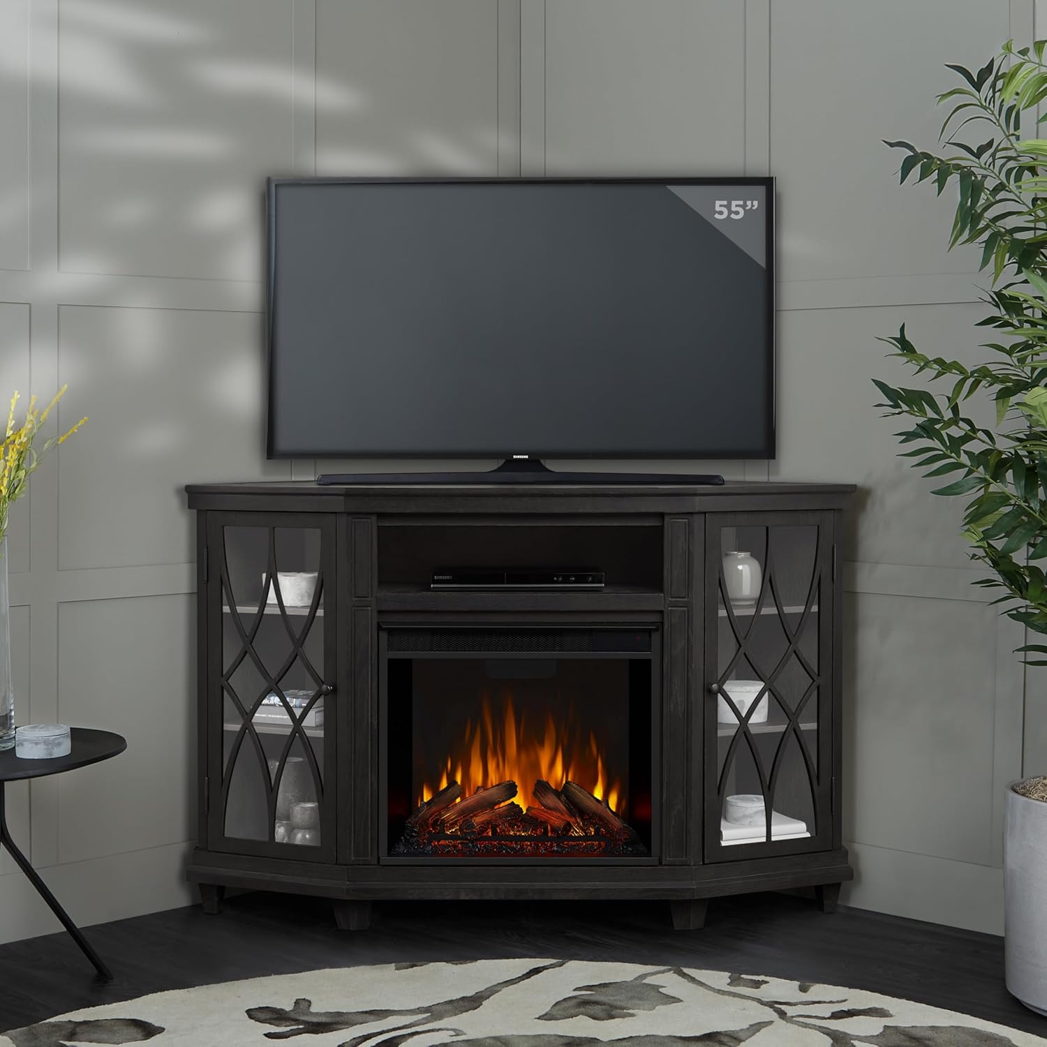 Real Flame Lynette Electric Fireplace TV Stand with Remote Control, Corner Unit, 1500 Watts, Grey (1750E-GRY)