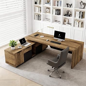 SAINTCY L-Shaped Executive Desk, Retractable Office Desk with Drawers, Large Wood Computer Desks for Boss, Bussiness Owners, Manangers and Supervisors, Adjustable Width Left Return, 86.6" to 94.5"