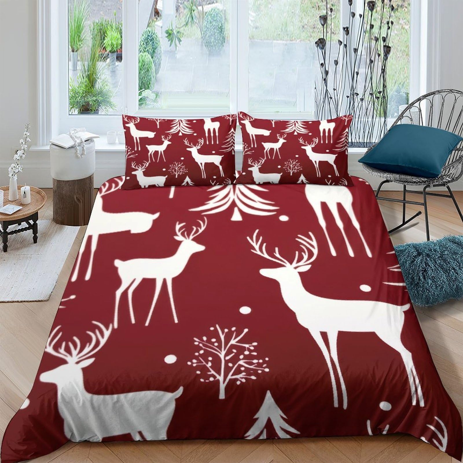 GPLZQXKJNH 3D Printed Red Reindeer Duvet Cover Microfiber Soft Breathable Snow Forest Bedding Set with 2 Pillowcases for Bedroom Decor Single（135x200cm）