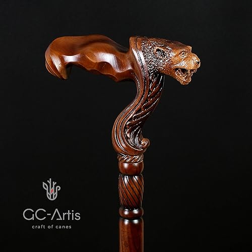 Miniatura 6 de GC-Artis - Bastón de madera con cabeza de jaguar, hecho a mano, ergonómico, cómodo agarre, bastones tallados en madera para hombres y mujeres,