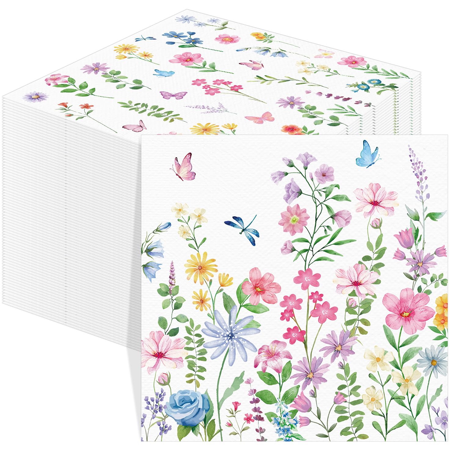 100 Packs Wildflower Napkins Spring Floral Paper Napkins Flower Cocktail Napkin Flower Butterfly Napkin for Tea Party Baby Shower Spring Wildflower Party Decorations Garden Party Supplies 13 x 13 in