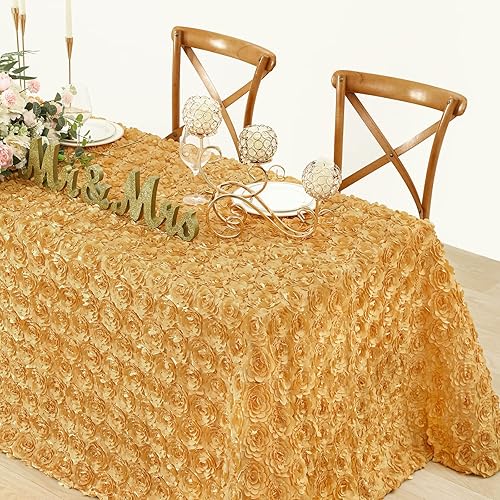 Miniatura 6 de Fanqisi Mantel rectangular de satén floral 3D de 90 x 132 pulgadas, manteles de roseta dorada para bodas, fiestas, baby shower, comedor, decoración