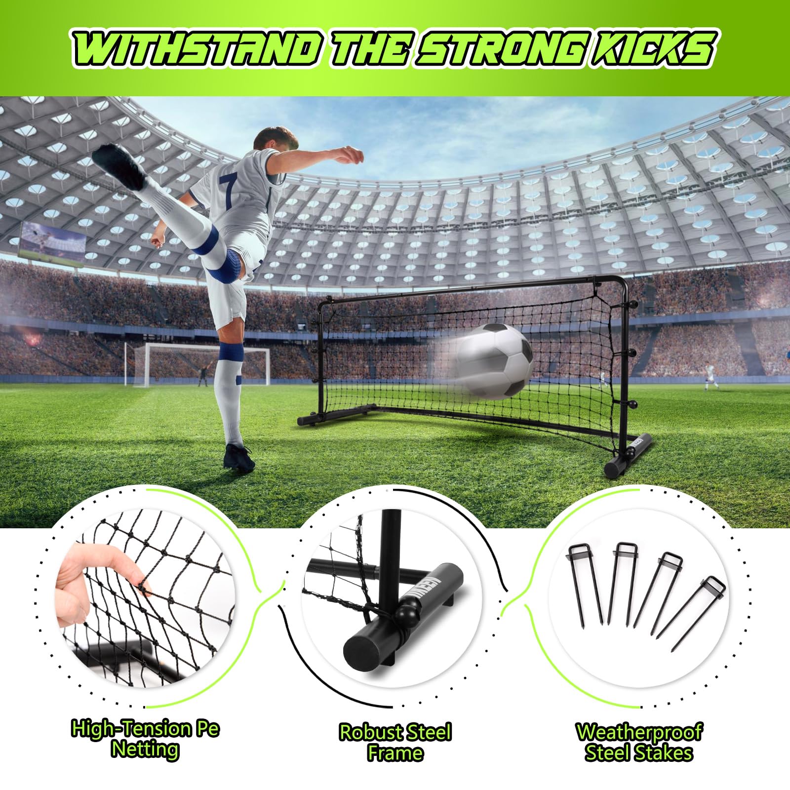 Hikeen Porta Calcio Portatile Con Rimbalzo, 138x55 Cm, Set Allenamento Esterno, Montaggio Rapido, Con Picchetti Di Ancoraggio - 3