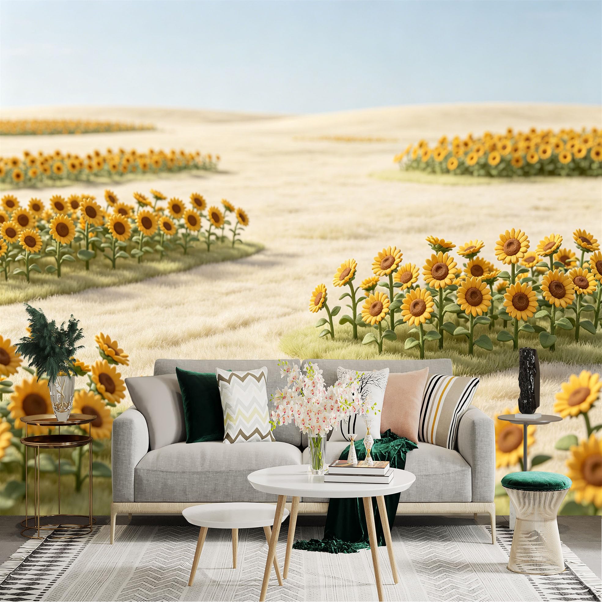 Lnzczhyre Dbh260521474 Custom Size Wall Sticker Mural， Bright Yellow Sunflowers， Blooming Meadow， Warm Sunny Field， Floral Nature Scenery， For Wall Decoration， Peelandstick Wall Decals.