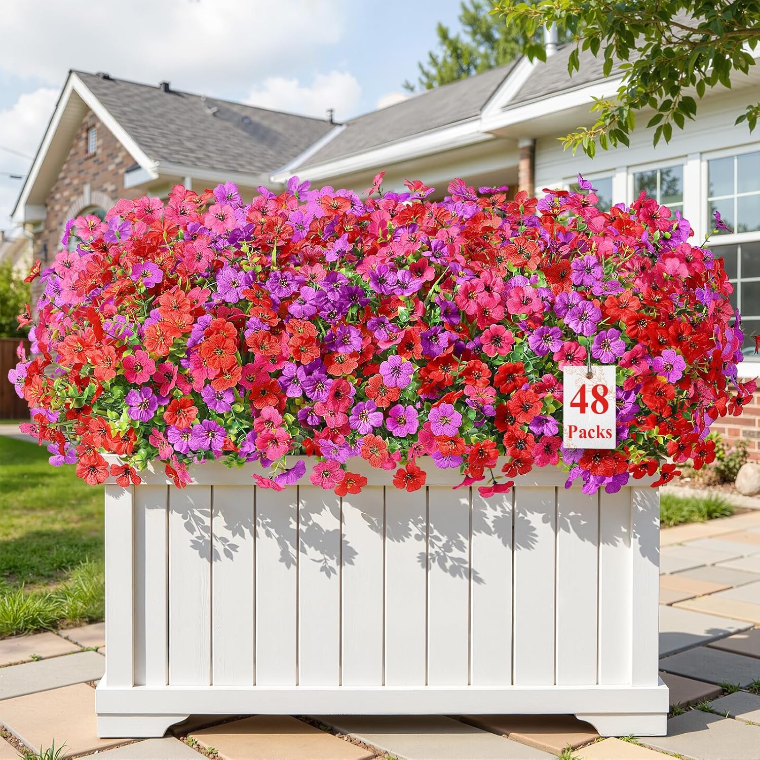 Alupssuc 48 Bundles Artificial Flowers for Outdoors Decoration, UV Resistant Silk Faux Daisy Flora Spring Fake Plastic Plants Greenery for Outside Indoor Yard Home Porch Window Box Decor, Mix 3 Colors