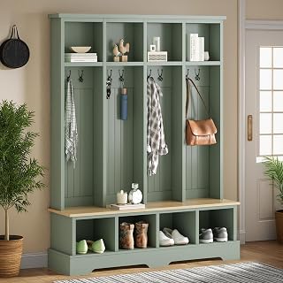 Merax 59" Hall Tree with Bench, 8 Hooks and Storage Cubbies