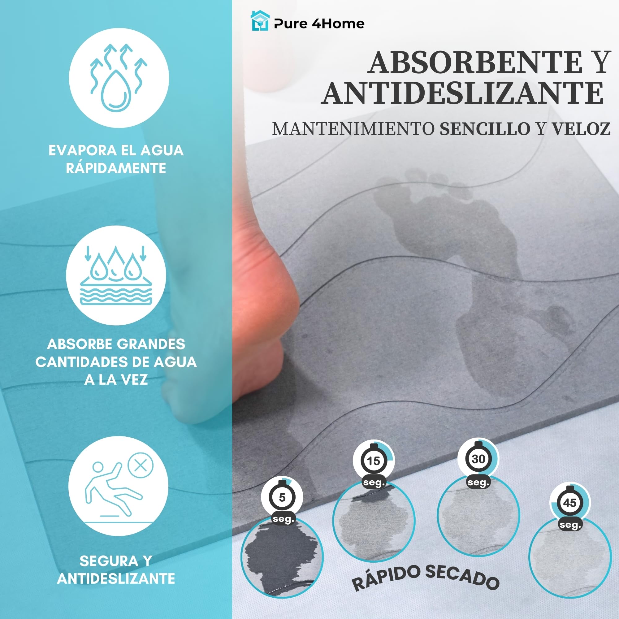 Pure 4Home Alfombra Diatomita Baño 60x40 – Secado Rápido, Antideslizante y Antibacteriana – Alfombrilla Piedra Diatomita Super Absorbente – Alfombrilla Diatomita - Stone Bath Mat (Grey Waves) — view 2