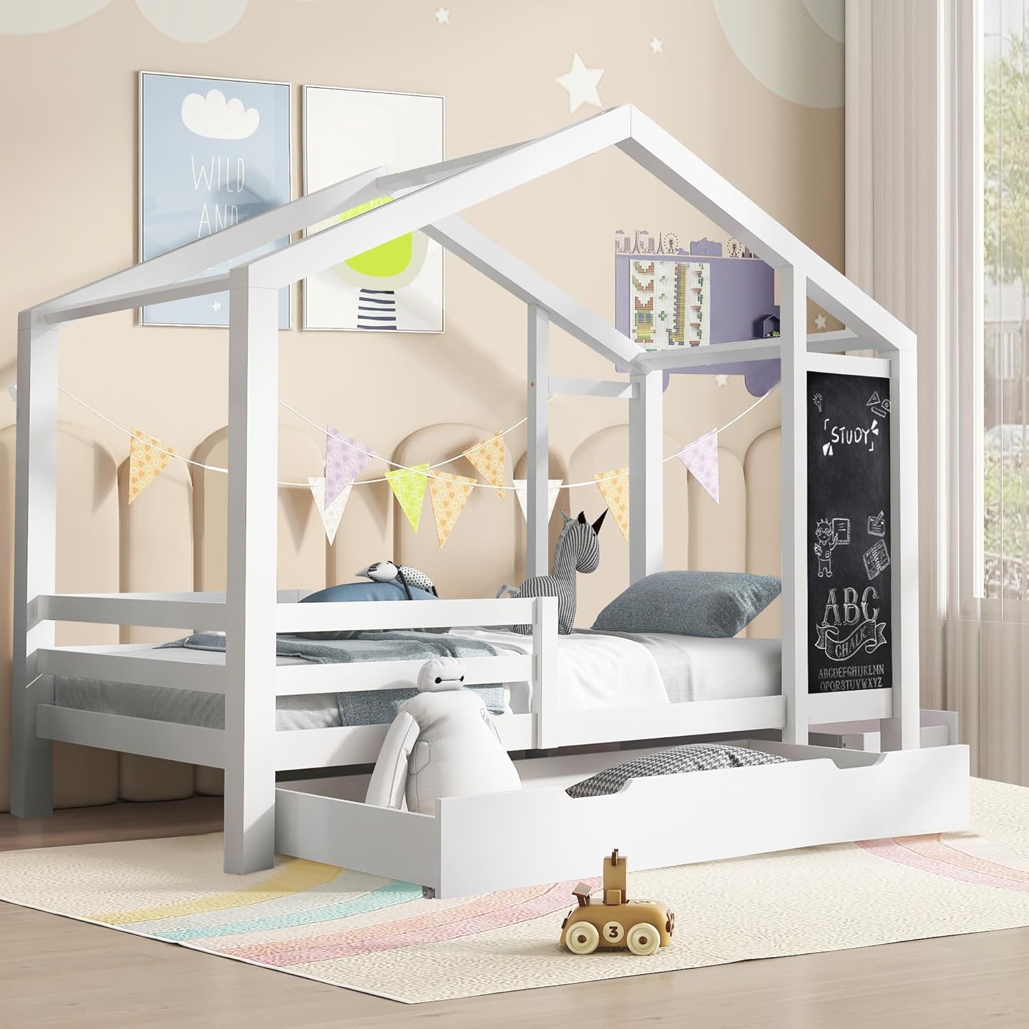 Twin House Bed with Drawers, Kids Platform Bed Frame with Blackboard, Montessori House Bed with Slats and Roof for Teens Girls Boys, 80.1" L x 41.9" W x 72" H, White