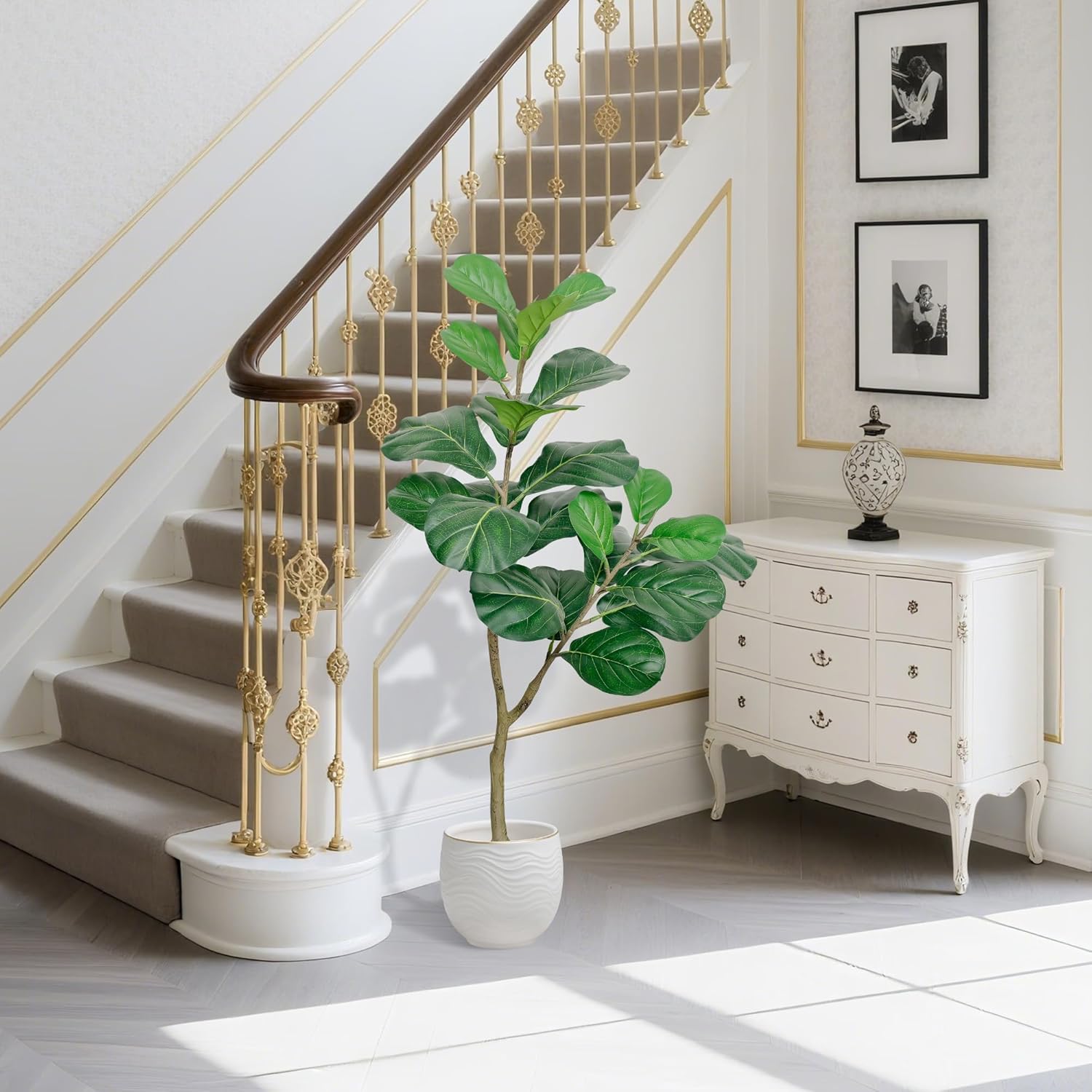 Artificial Fiddle Leaf Fig Tree, 4FT Tall Faux Ficus Lyrata Fake Tree in Black Pot, Faux Plant for Home Office Living Room Decor Aesthetic - Image 3