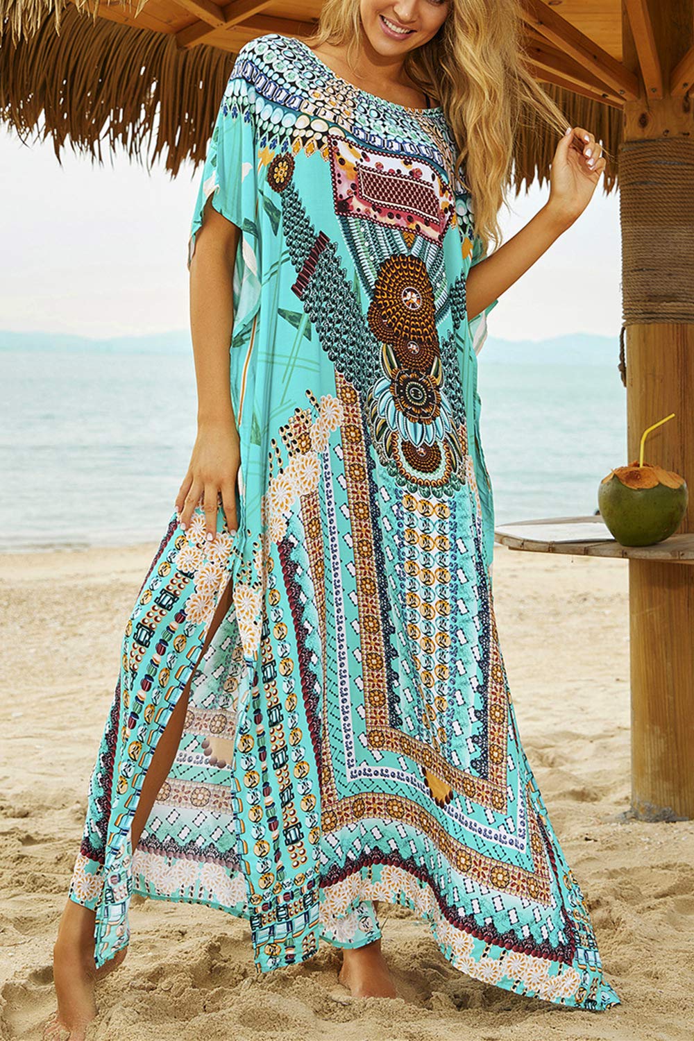Damska letnia sukienka boho długa kaftan etniczny wzór maxi sukienka plażowa okrycie bikini z filtrem przeciwsłonecznym