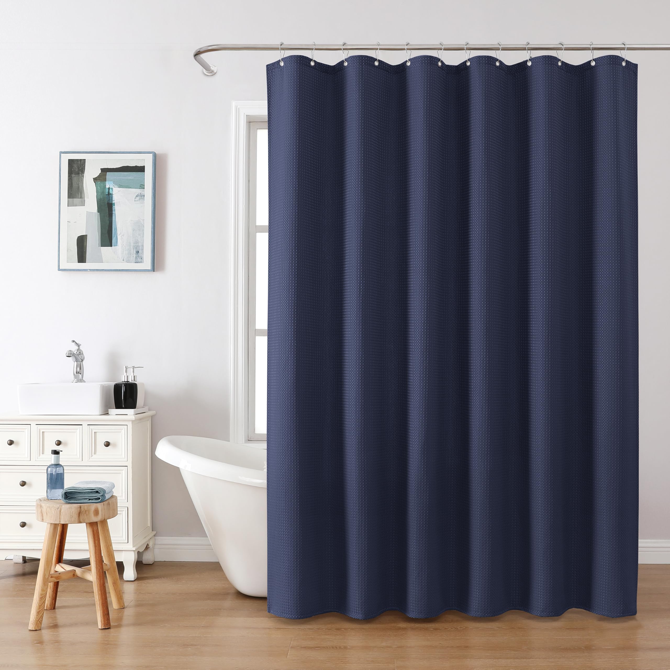 VANZAVANZU Shower Curtain for Bathroom with Metal Hooks Waffle Fabric Shower Curtain Heavy Duty Bath Curtain for Wet Room Bathtub Shower Stall Weighted Hem - Image 2