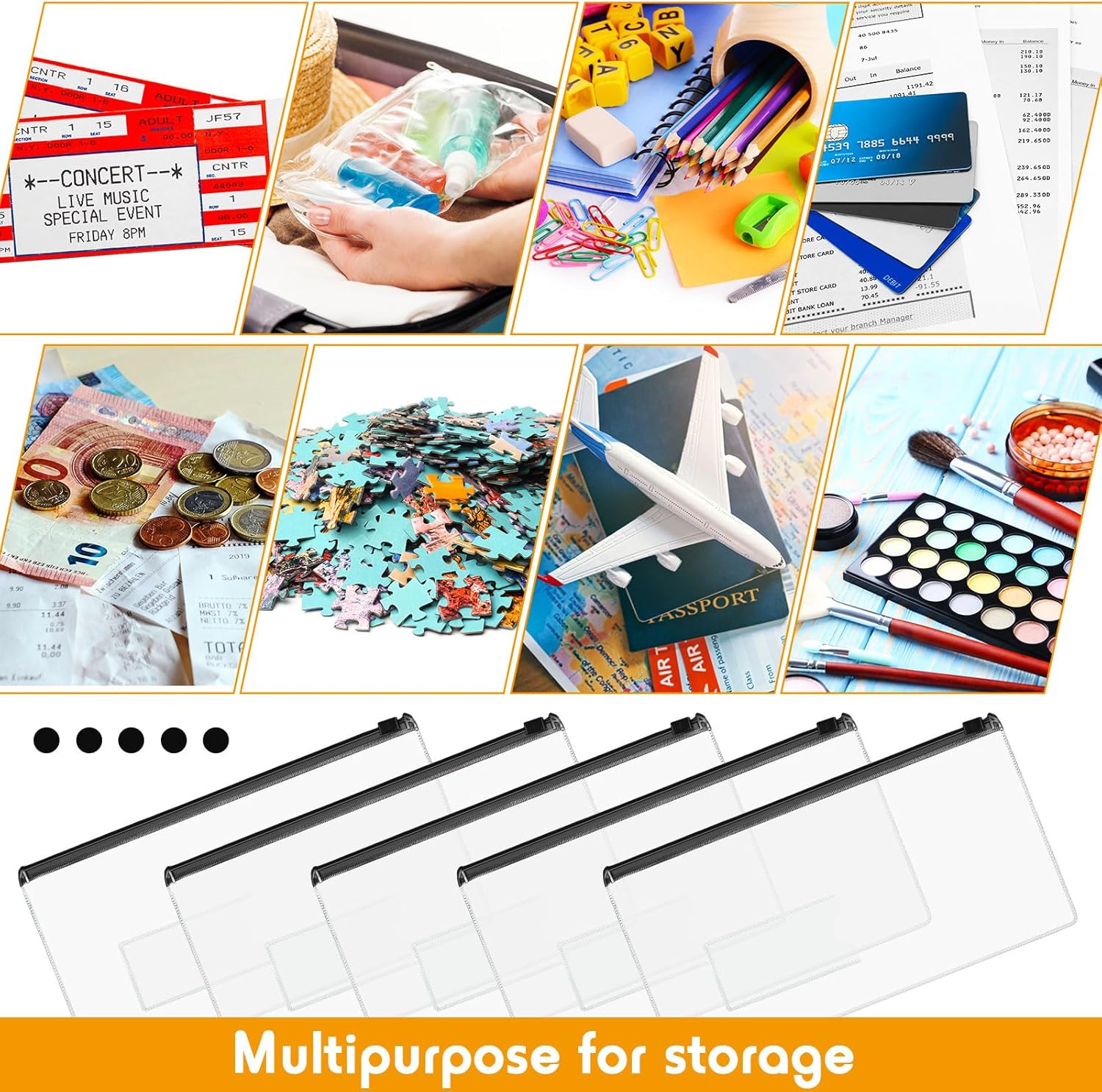 Zhehao 200 Pcs Poly Zip Envelopes Bulk, A6 Size Clear Plastic Pencil Pouch with Label Zipper, 9.2 x 4.7 Inch Reusable Bill File Bag for Cash, Money (Black)