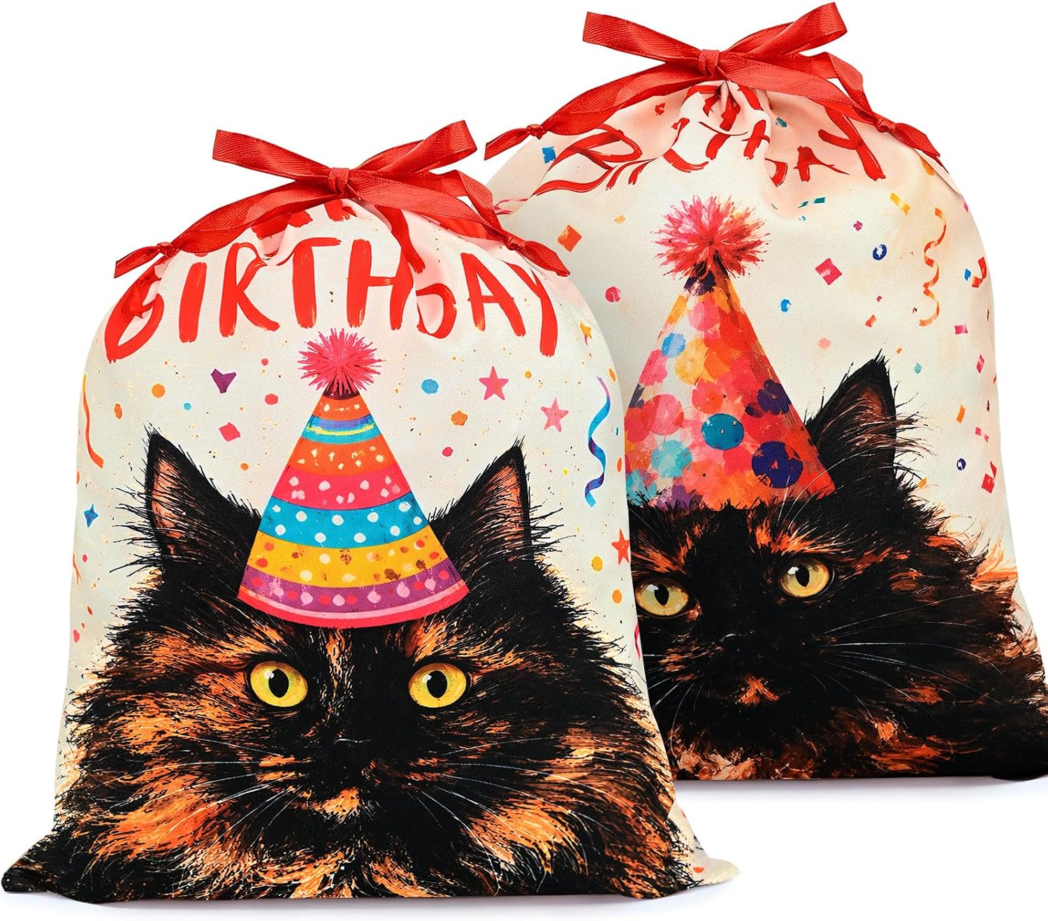 KzgtY Happy Birthday Cat 2PCS Gift Bags with Drawstring, 16 x 12 Inch Reusable Present Sacks for Christmas,Brithday, Holidays,Parties & Gift Packaging