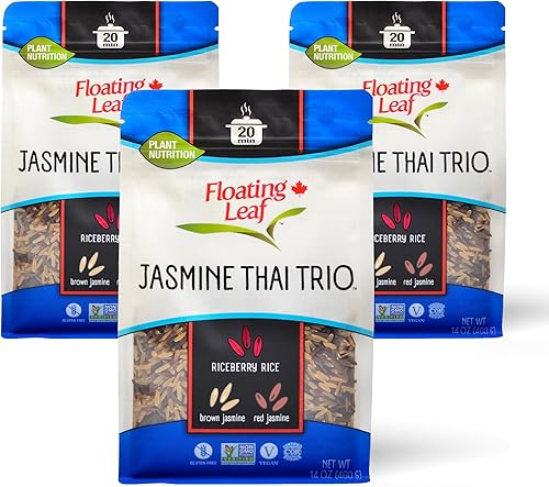 Floating Leaf Trío tailandés de jazmín, arroz de arándano (arroz negro jazmín), arroz jazmín integral y arroz jazmín rojo, sin gluten, sin OMG,