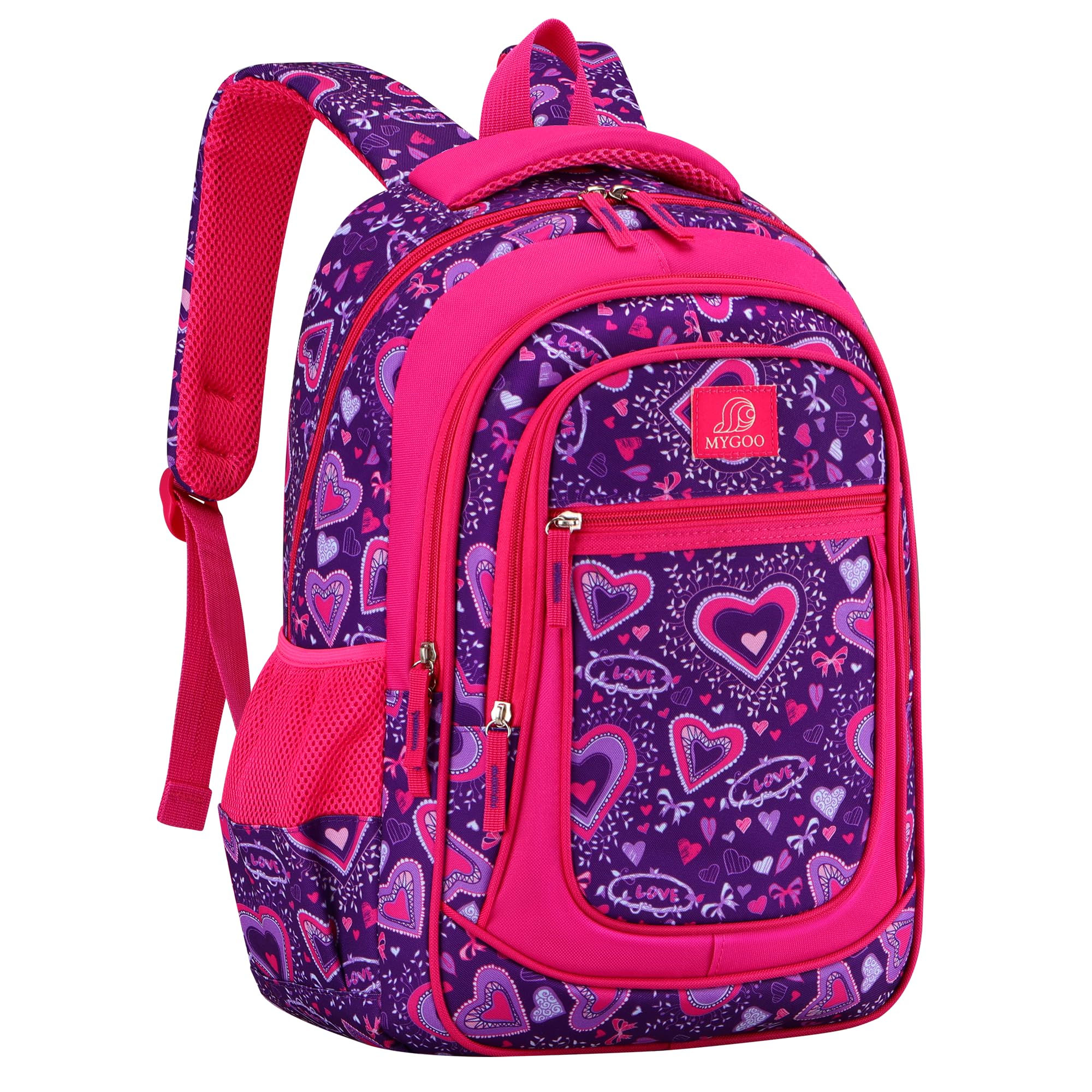 MYGOO Girls Backpack - 17" Tall Primary School Bag, Vineyard Collection, 24L Capacity, Heart Purple