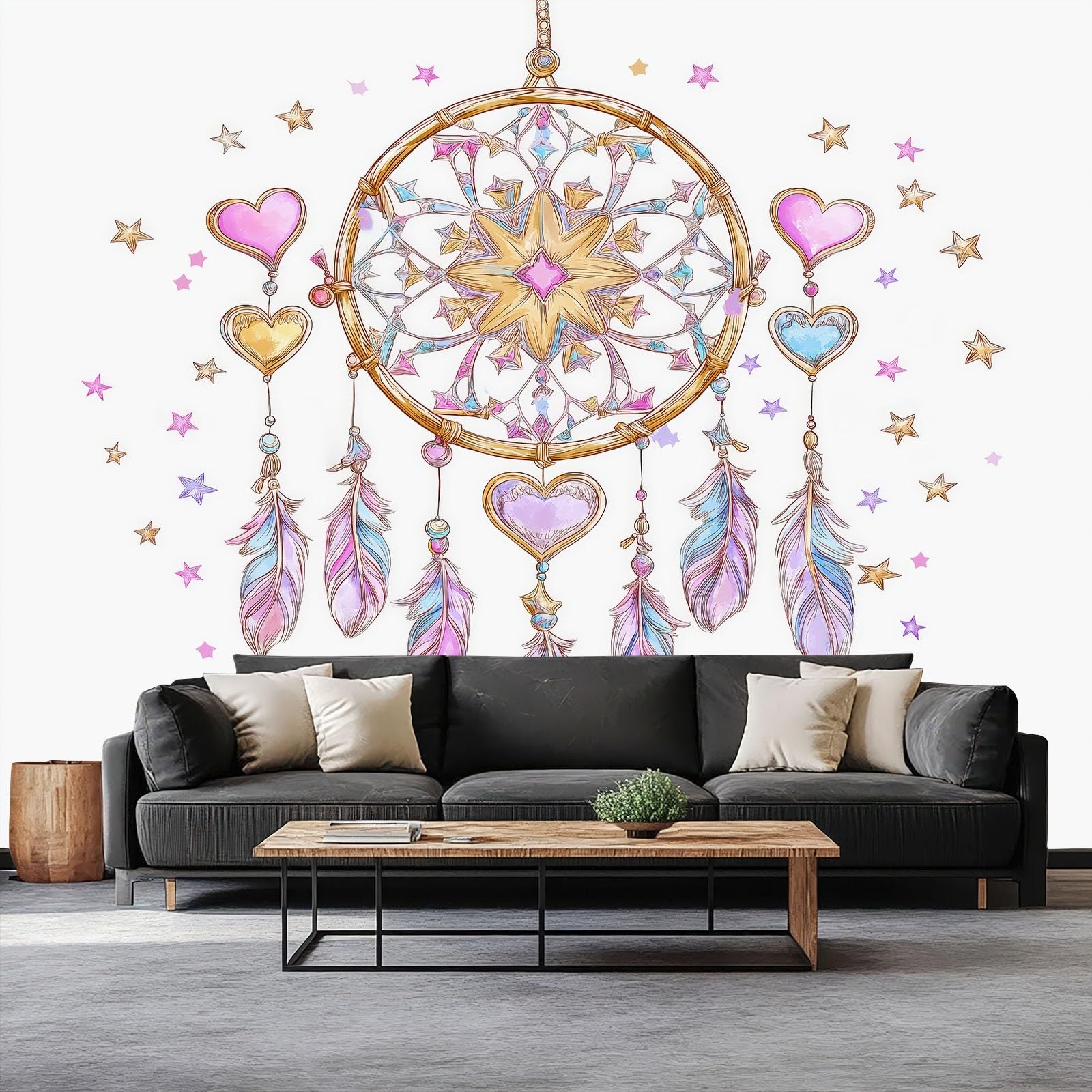Biała fototapeta 3D, tapeta na fizelinie, dekoracja ścienna z efektem 5D (250 x 175 cm (szer. x wys.) – surrealizm, łapacz snów, śliczne gwiazdki, panoramiczny obraz ścienny dla dziewcząt i chłopców
